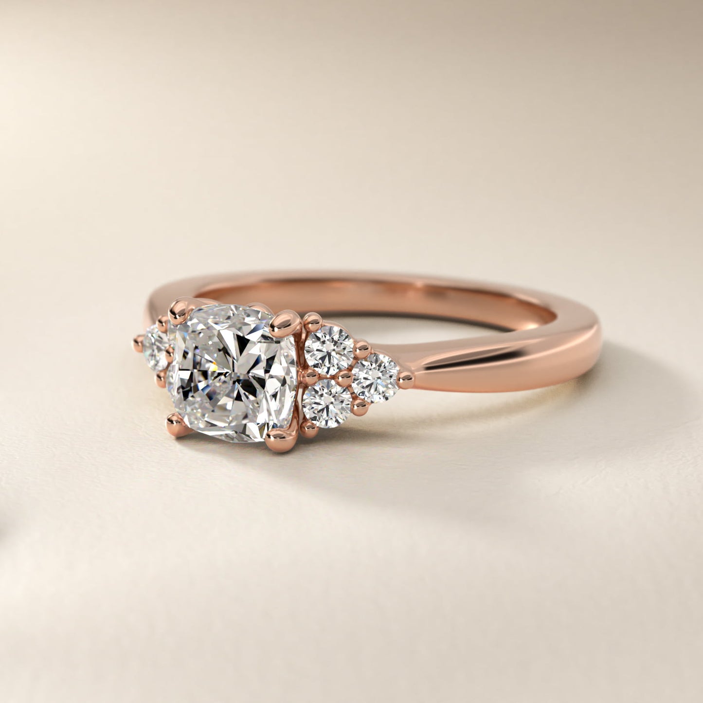 Triple Side Stone Diamond Engagement Ring In 18k Rose Gold By James Allen - Cushion Center