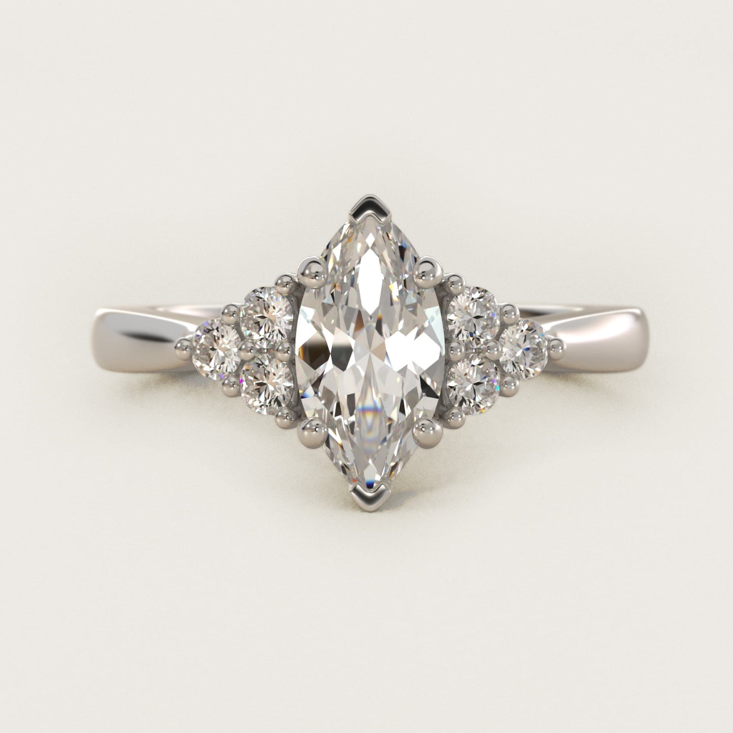 Triple Side Stone Diamond Engagement Ring In Platinum By James Allen - Marquise Center