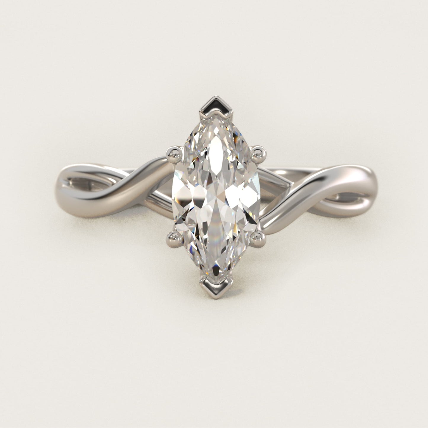 Twist Solitaire Plus Diamond Engagement Ring in 14k White Gold - Marquise Center