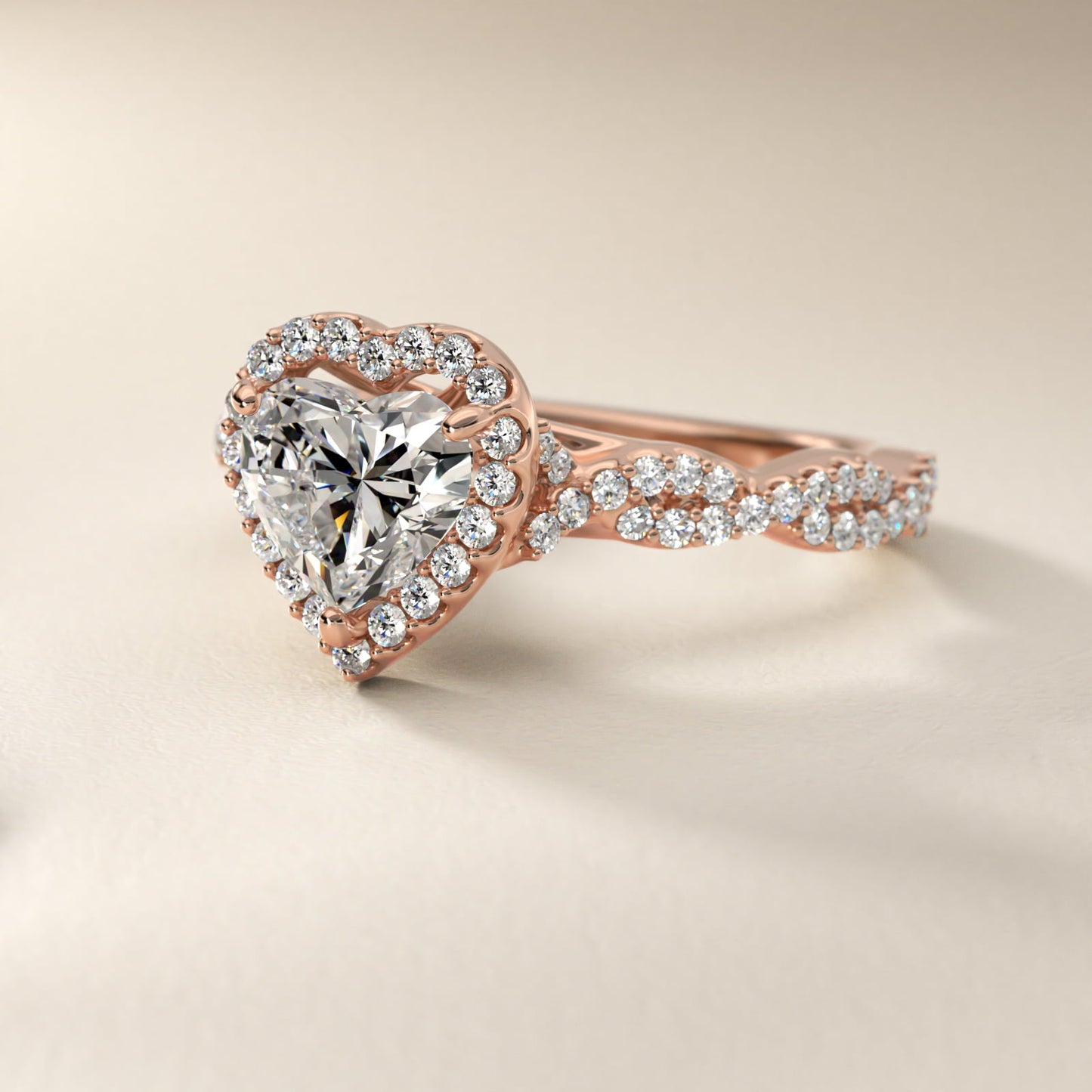 Twisted Band Halo Diamond Engagement Ring in 18k Rose Gold (1/3 ct. tw.) - Heart Center