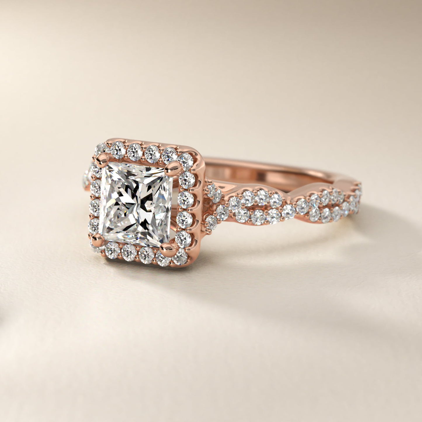 Twisted Band Halo Diamond Engagement Ring in 18k Rose Gold (1/3 ct. tw.) - Princess Center