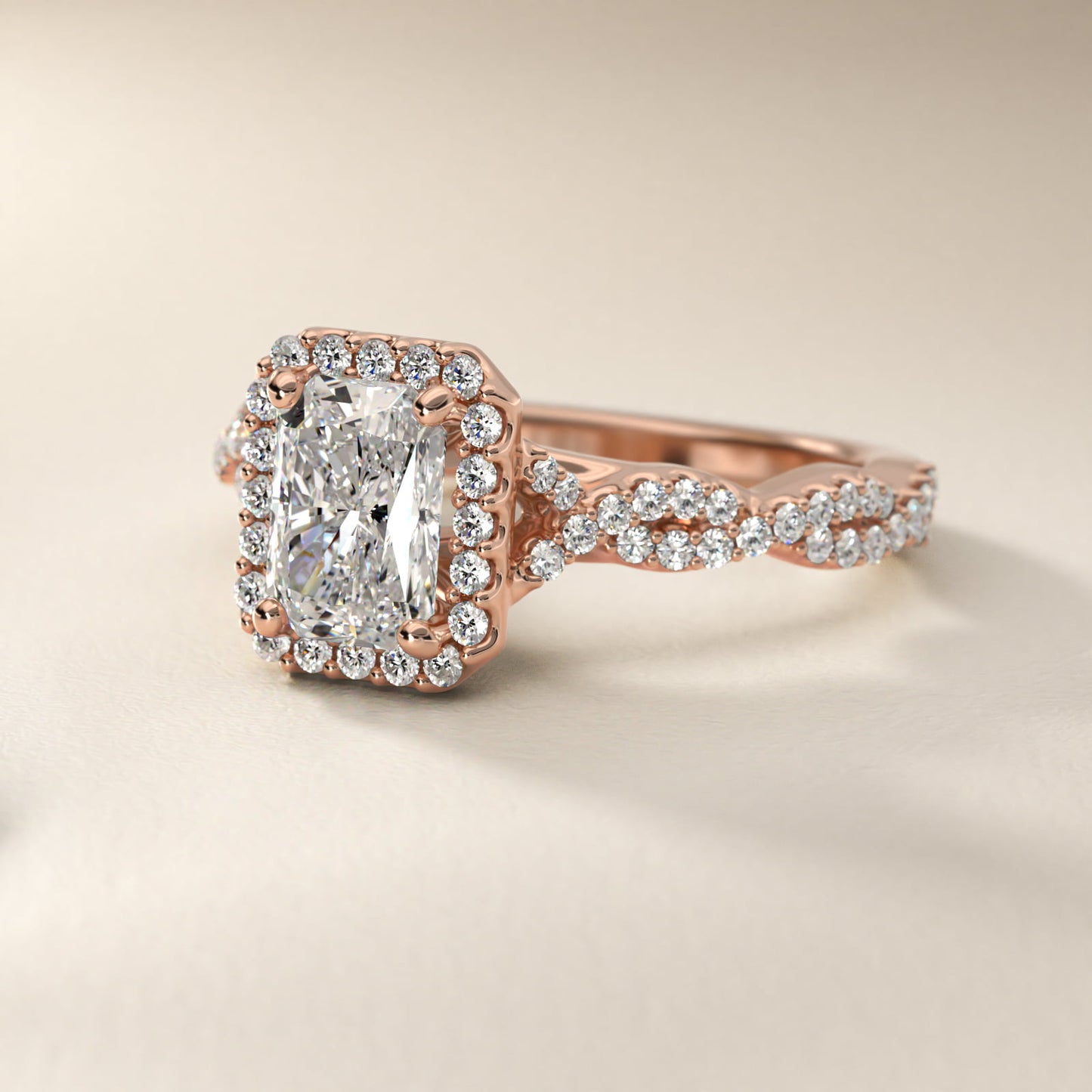 Twisted Band Halo Diamond Engagement Ring in 14k Rose Gold (1/3 ct. tw.) - Radiant Center