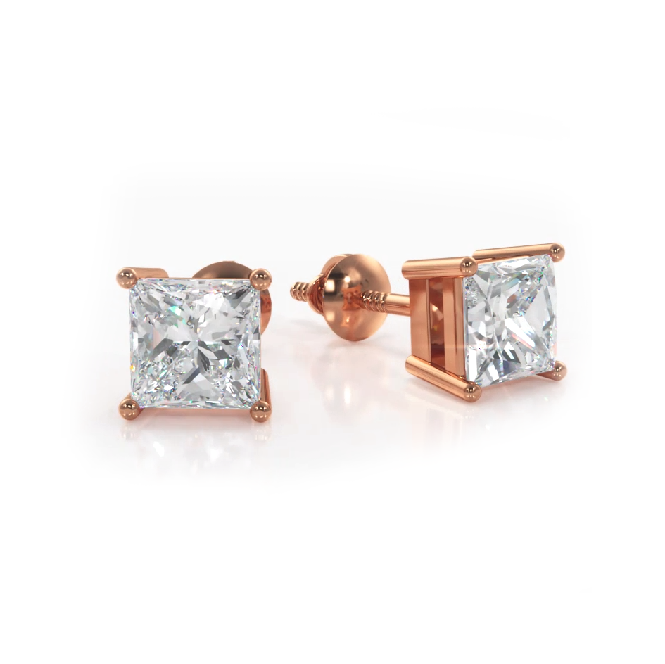 Princess Cut Diamond Stud Earrings - 1/2 - 18K Yellow Gold