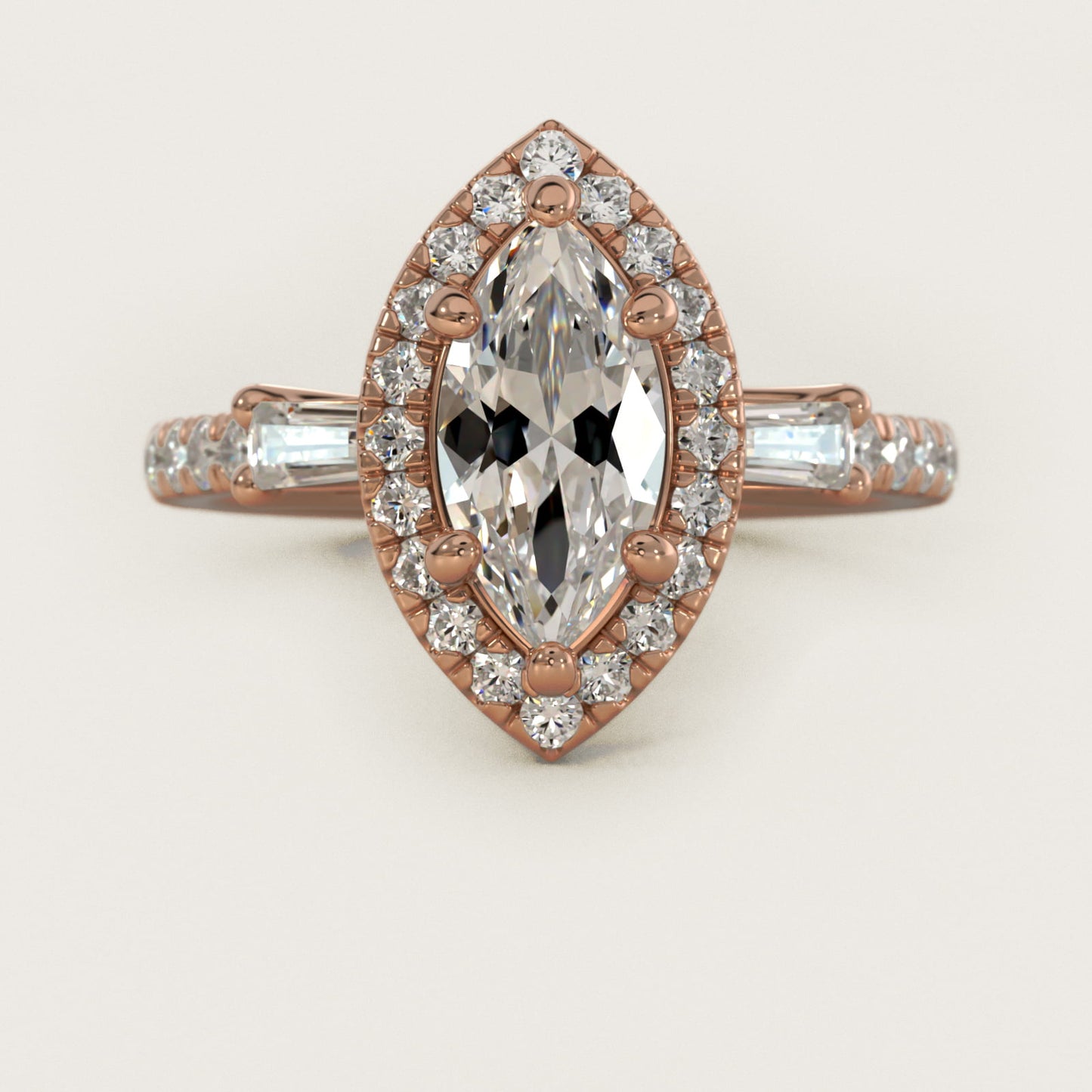 Vintage Baguette Halo Diamond Engagement Ring in 14k Rose Gold (1/2 ct. tw.) By Zac Zac Posen - Marquise Center