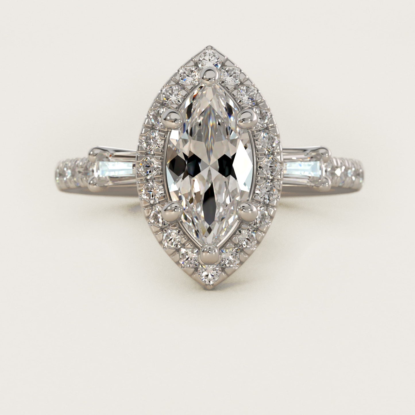 Vintage Baguette Halo Diamond Engagement Ring in 18k White Gold (1/2 ct. tw.) By Zac Zac Posen - Marquise Center