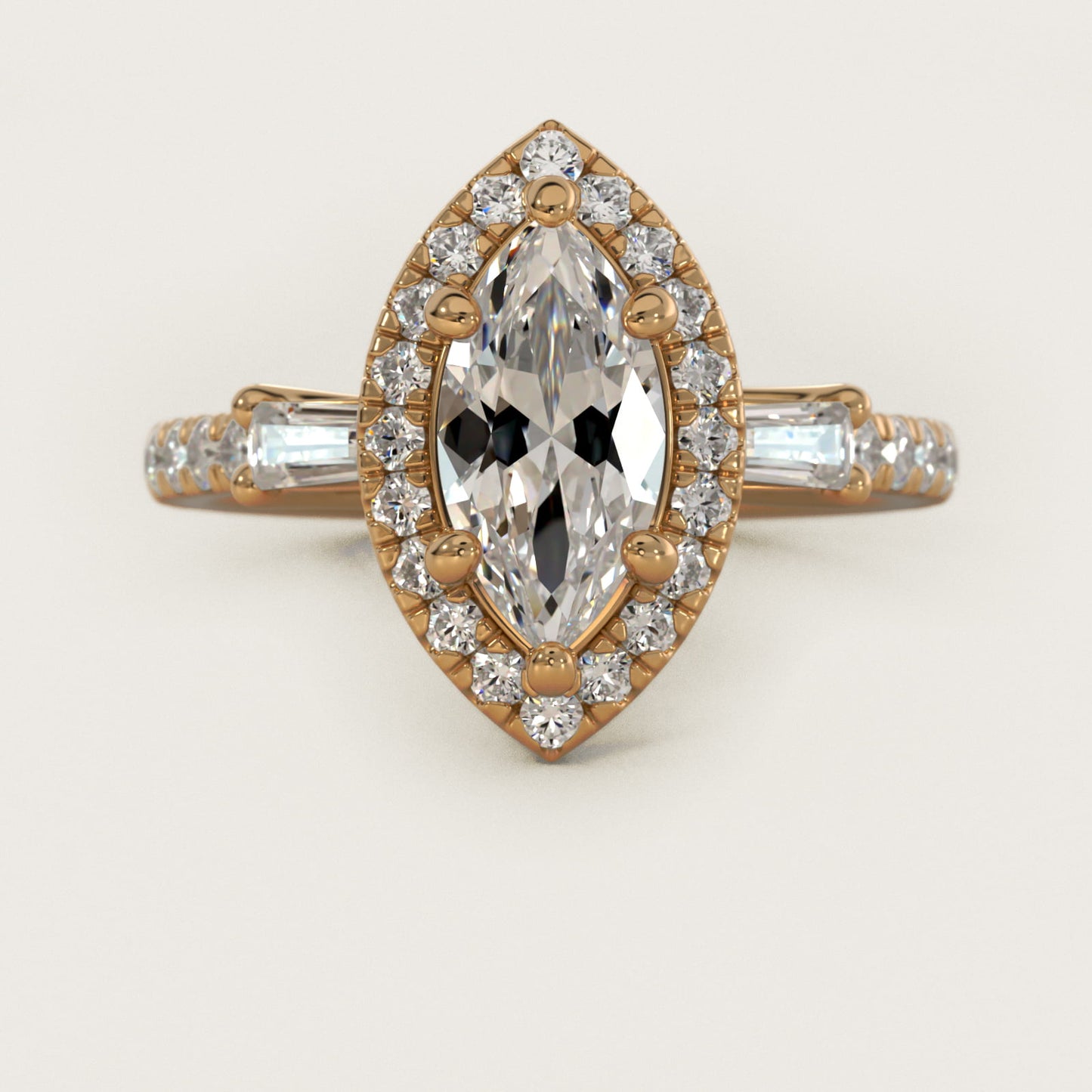Vintage Baguette Halo Diamond Engagement Ring in 18k Yellow Gold (1/2 ct. tw.) By Zac Zac Posen - Marquise Center