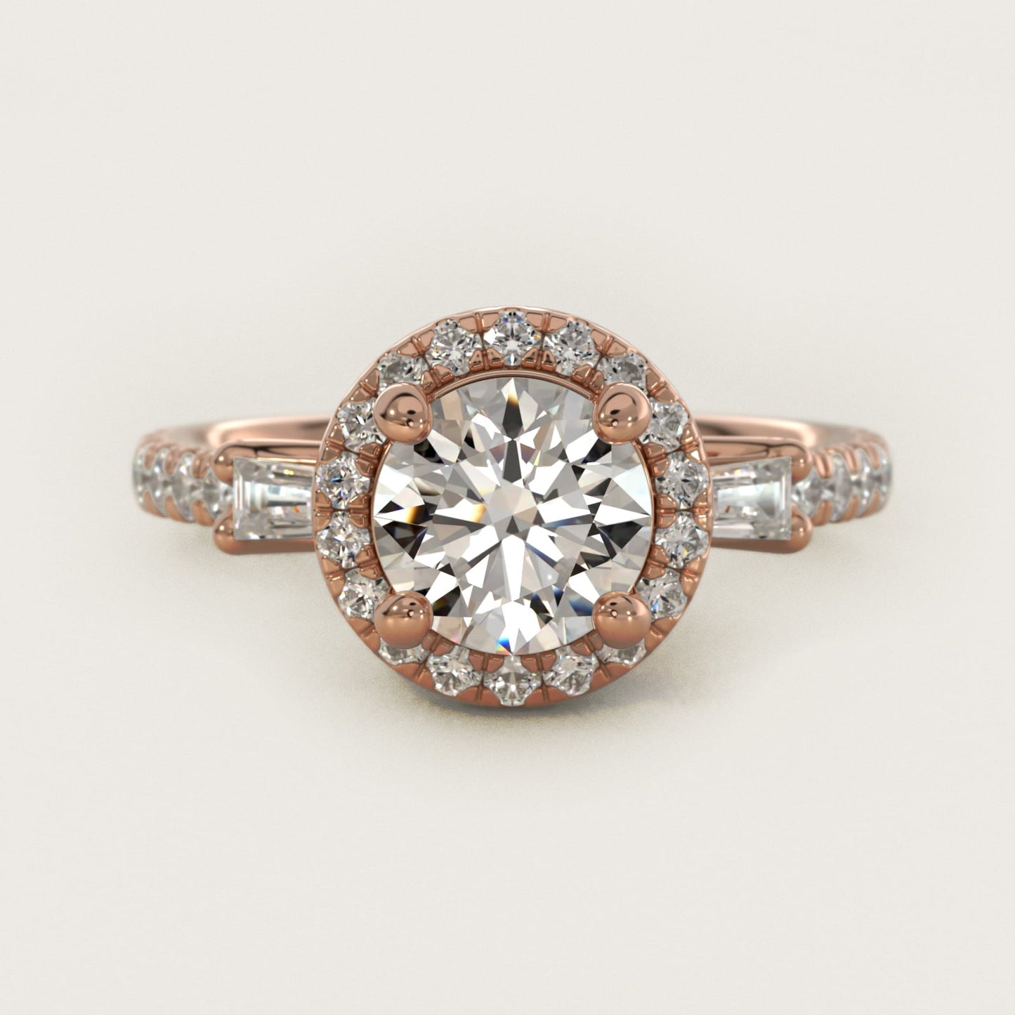 Vintage Baguette Halo Diamond Engagement Ring in 18k Rose Gold (1/2 ct. tw.) By Zac Zac Posen - Round Center
