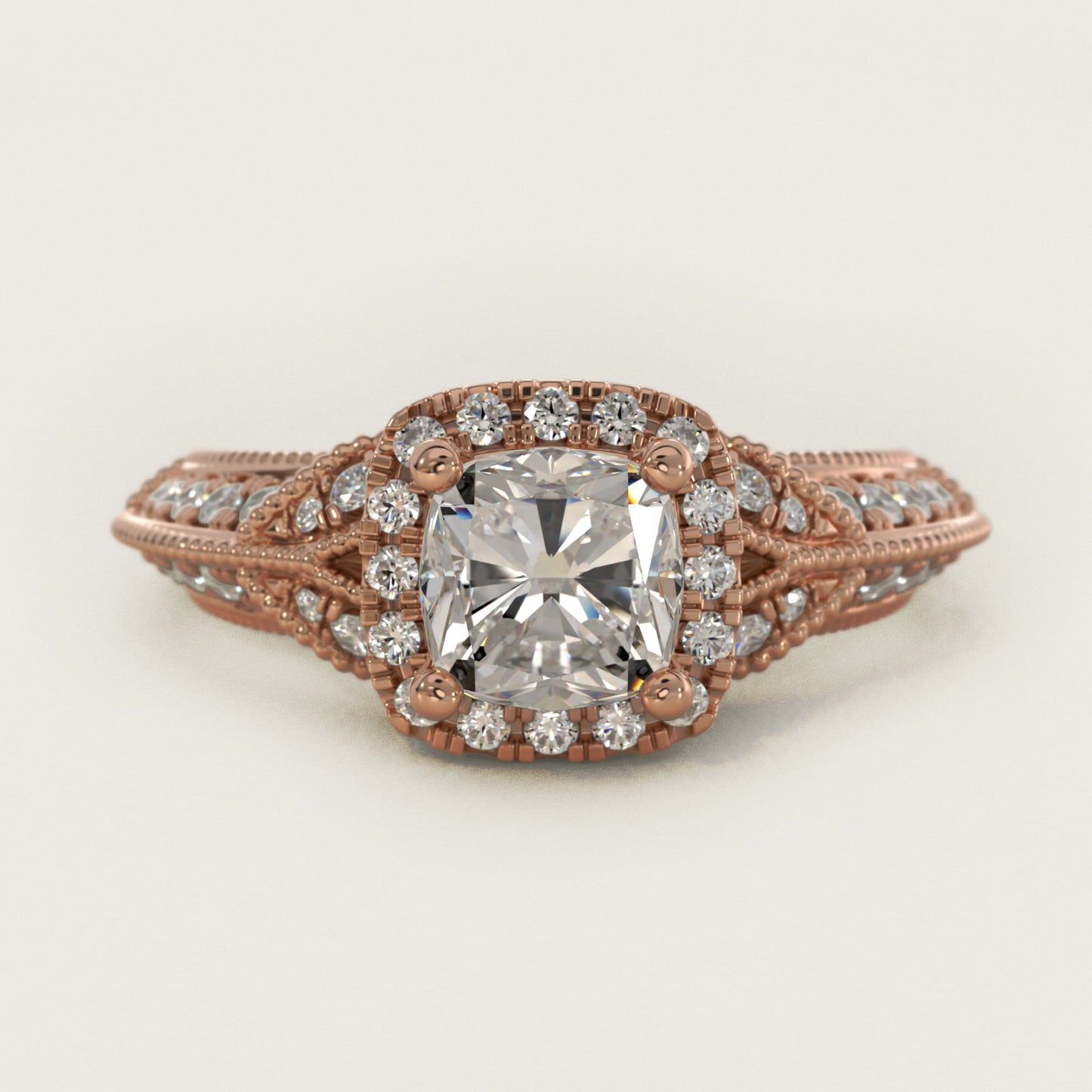 Vintage Inspired Halo Diamond Engagement Ring in 18k Rose Gold By Zac Zac Posen - Cushion Center