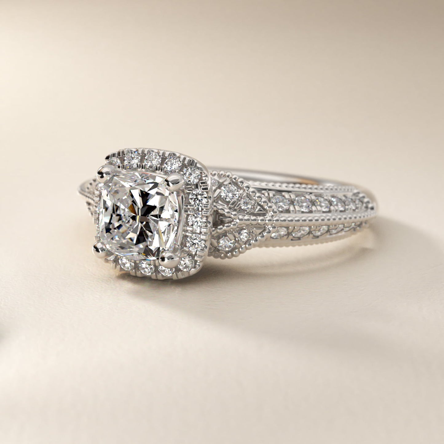 Vintage Inspired Halo Diamond Engagement Ring in 14k White Gold By Zac Zac Posen - Cushion Center