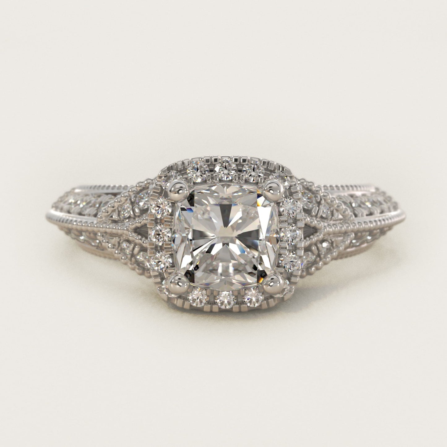 Vintage Inspired Halo Diamond Engagement Ring in Platinum By Zac Zac Posen - Cushion Center