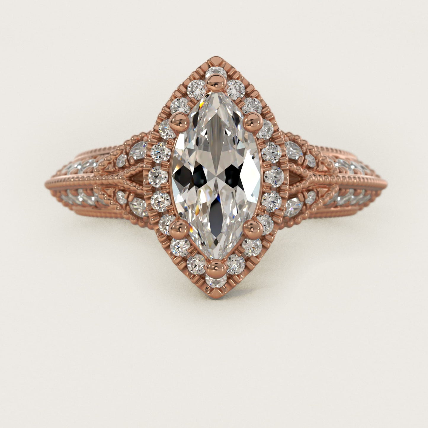 Vintage Inspired Halo Diamond Engagement Ring in 14k Rose Gold By Zac Zac Posen - Marquise Center