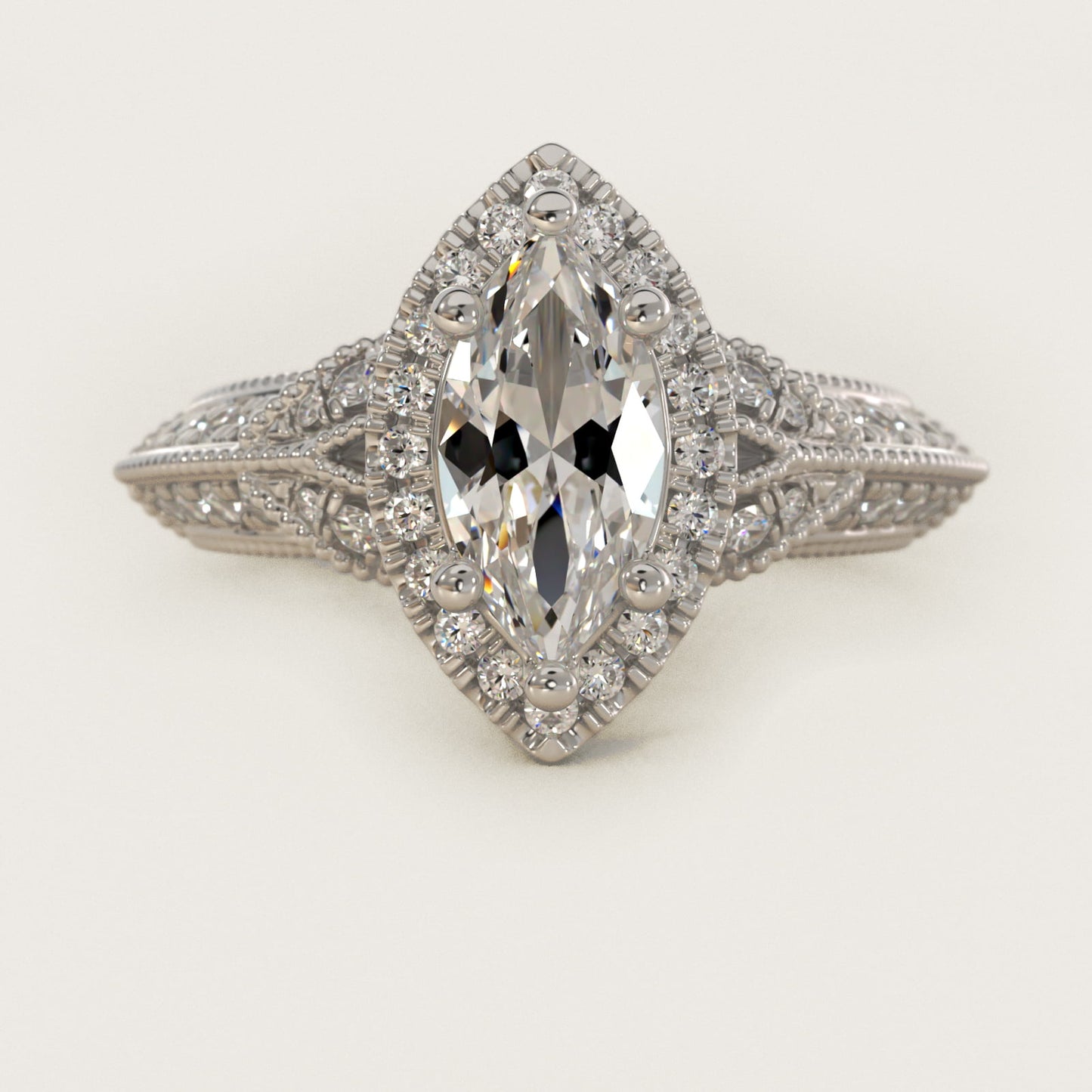 Vintage Inspired Halo Diamond Engagement Ring in Platinum By Zac Zac Posen - Marquise Center