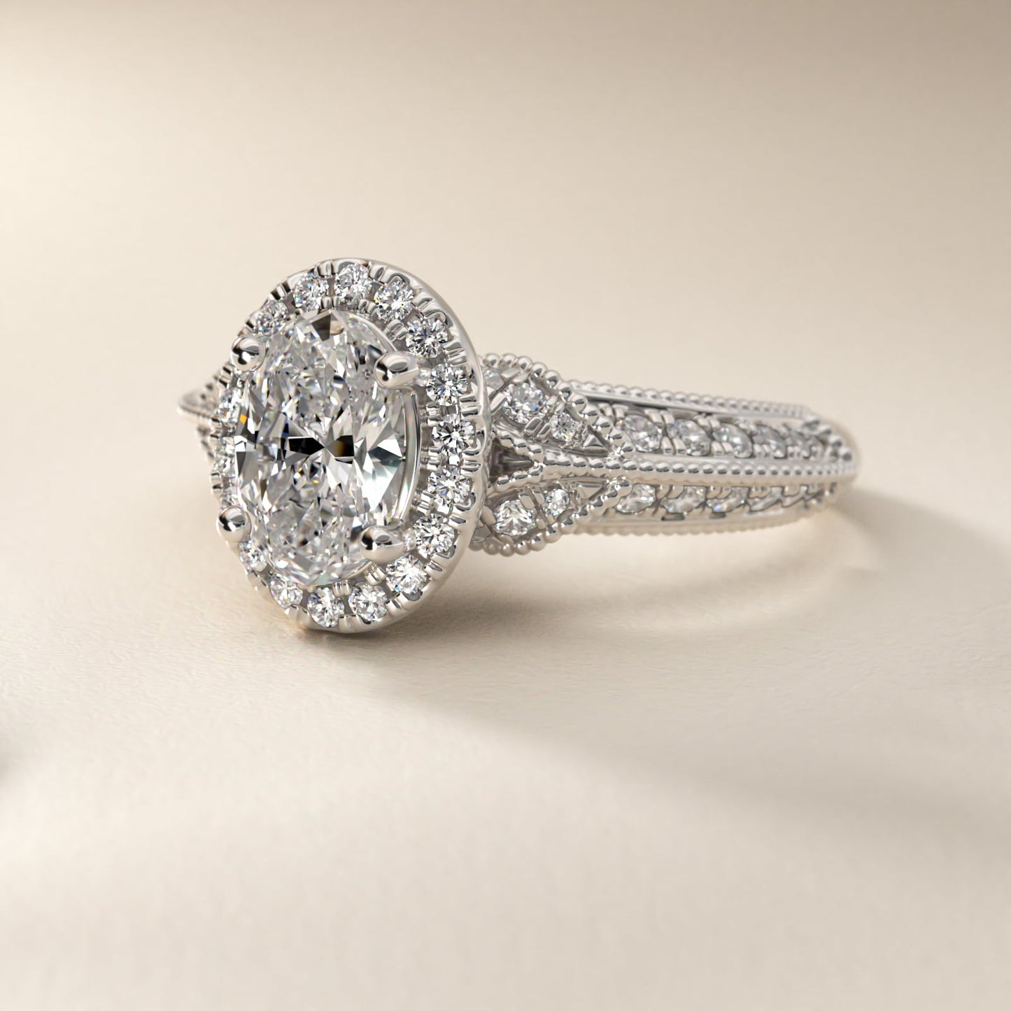Vintage Inspired Halo Diamond Engagement Ring in 18k White Gold By Zac Zac Posen - Oval Center
