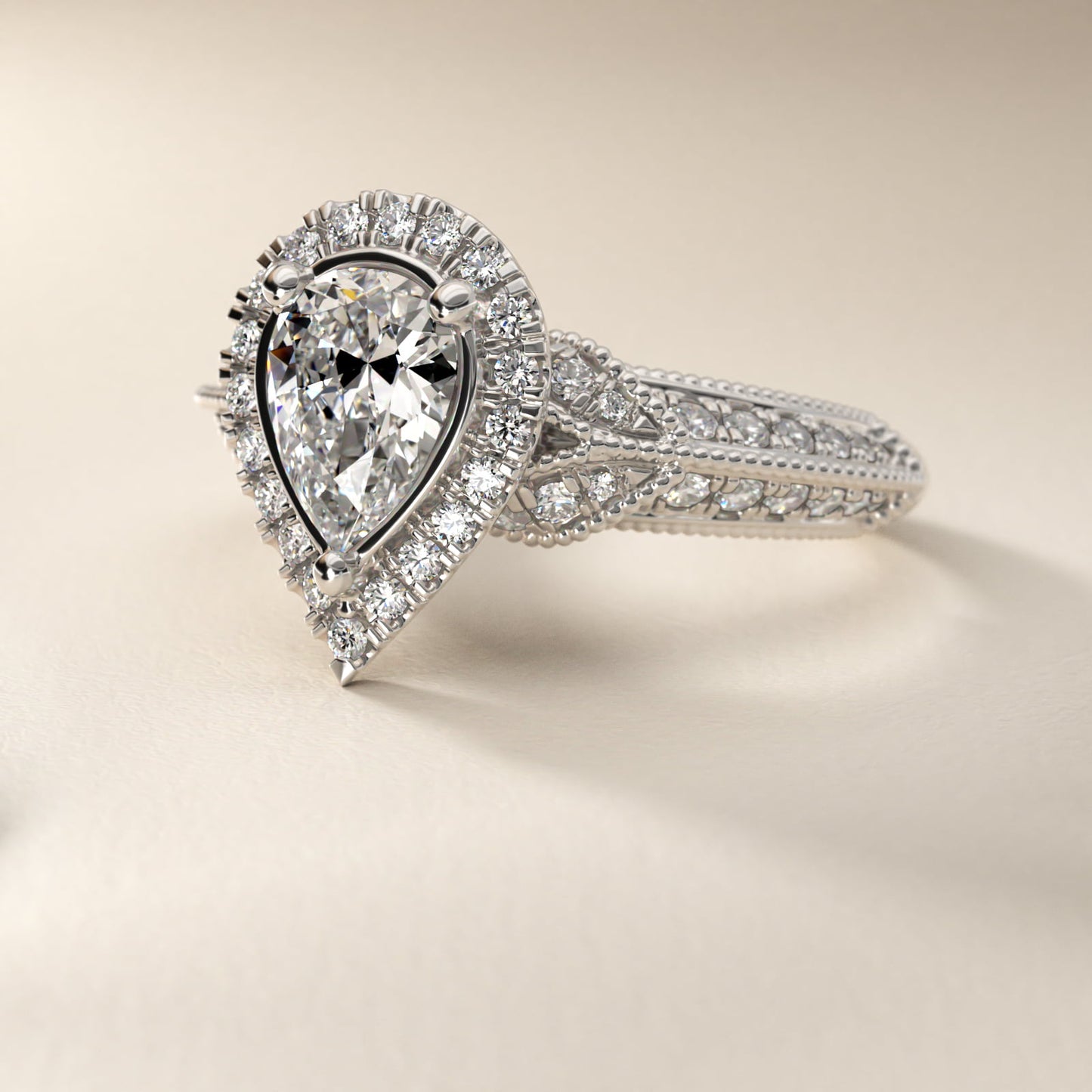 Vintage Inspired Halo Diamond Engagement Ring in 14k White Gold By Zac Zac Posen - Pear Center