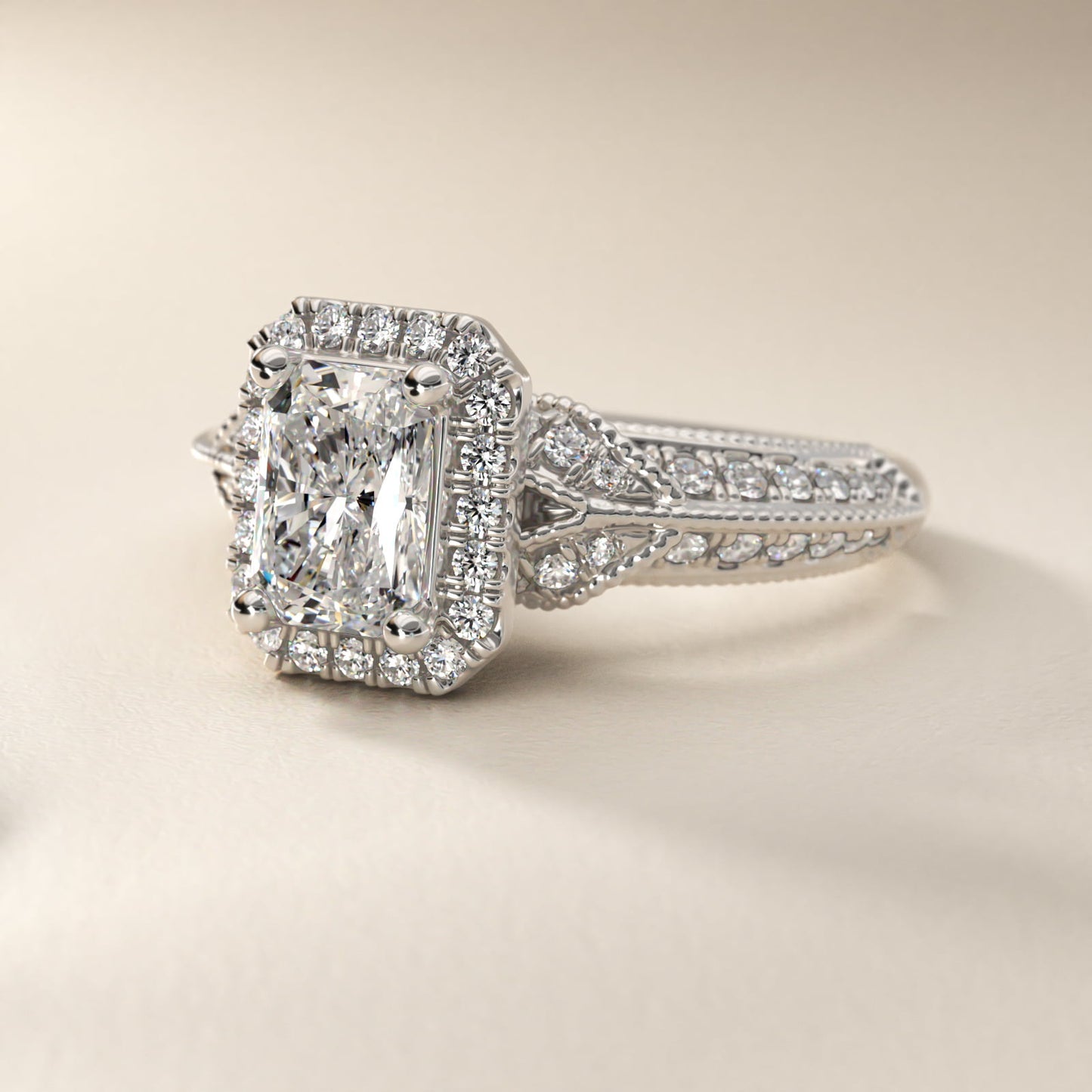 Vintage Inspired Halo Diamond Engagement Ring in 14k White Gold By Zac Zac Posen - Radiant Center