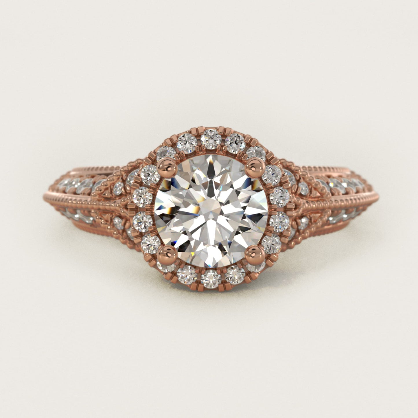 Vintage Inspired Halo Diamond Engagement Ring in 14k Rose Gold By Zac Zac Posen - Round Center