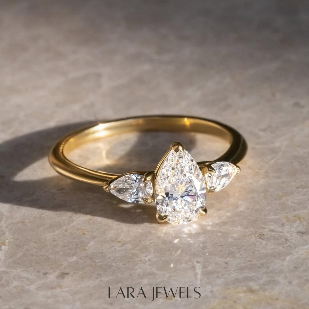 1.2 - 3.2 CT Pear Lab Grown Diamond Three Stone Style Engagement Ring