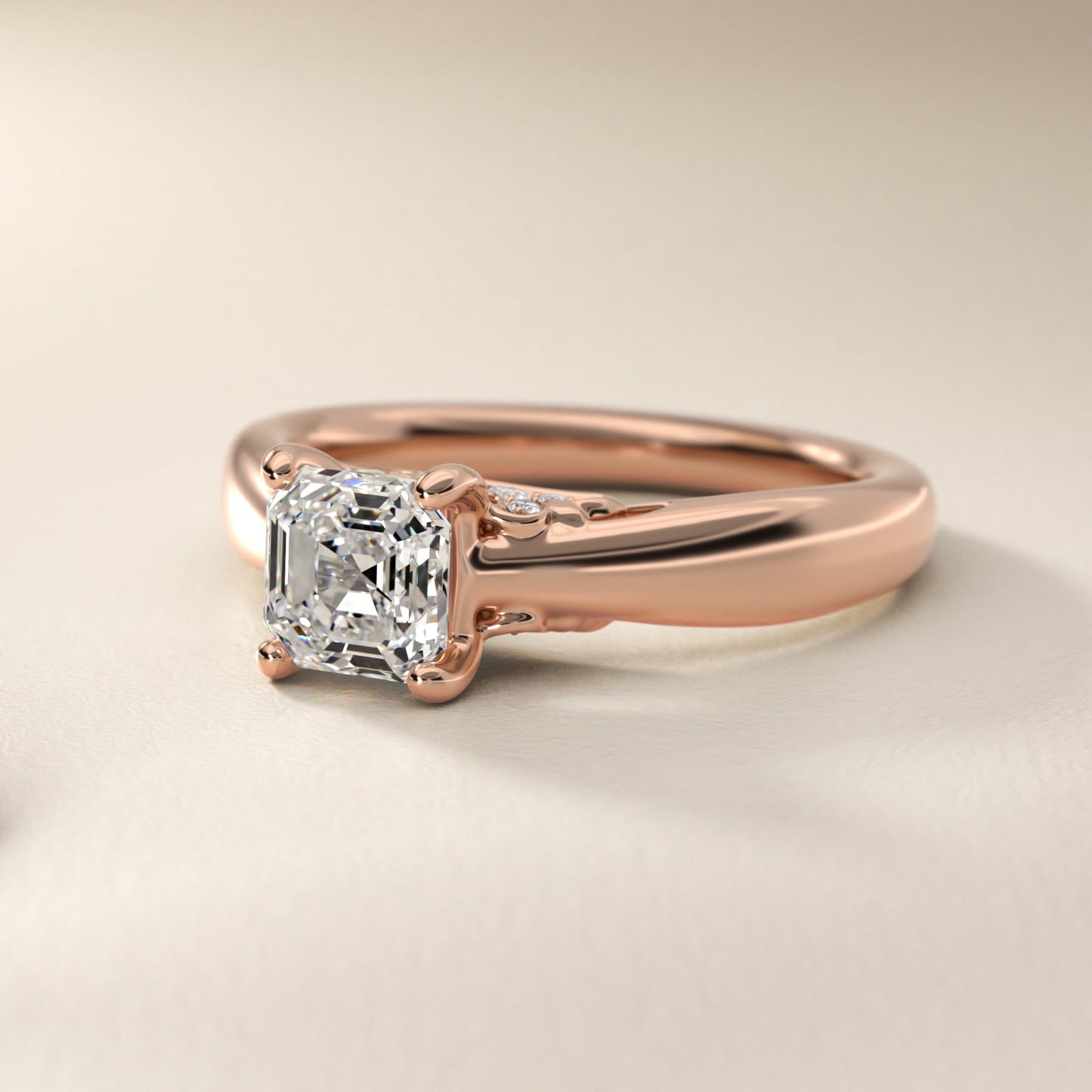 Wide Band Solitaire Plus Diamond Engagement Ring in 14k Rose Gold - Asscher Center