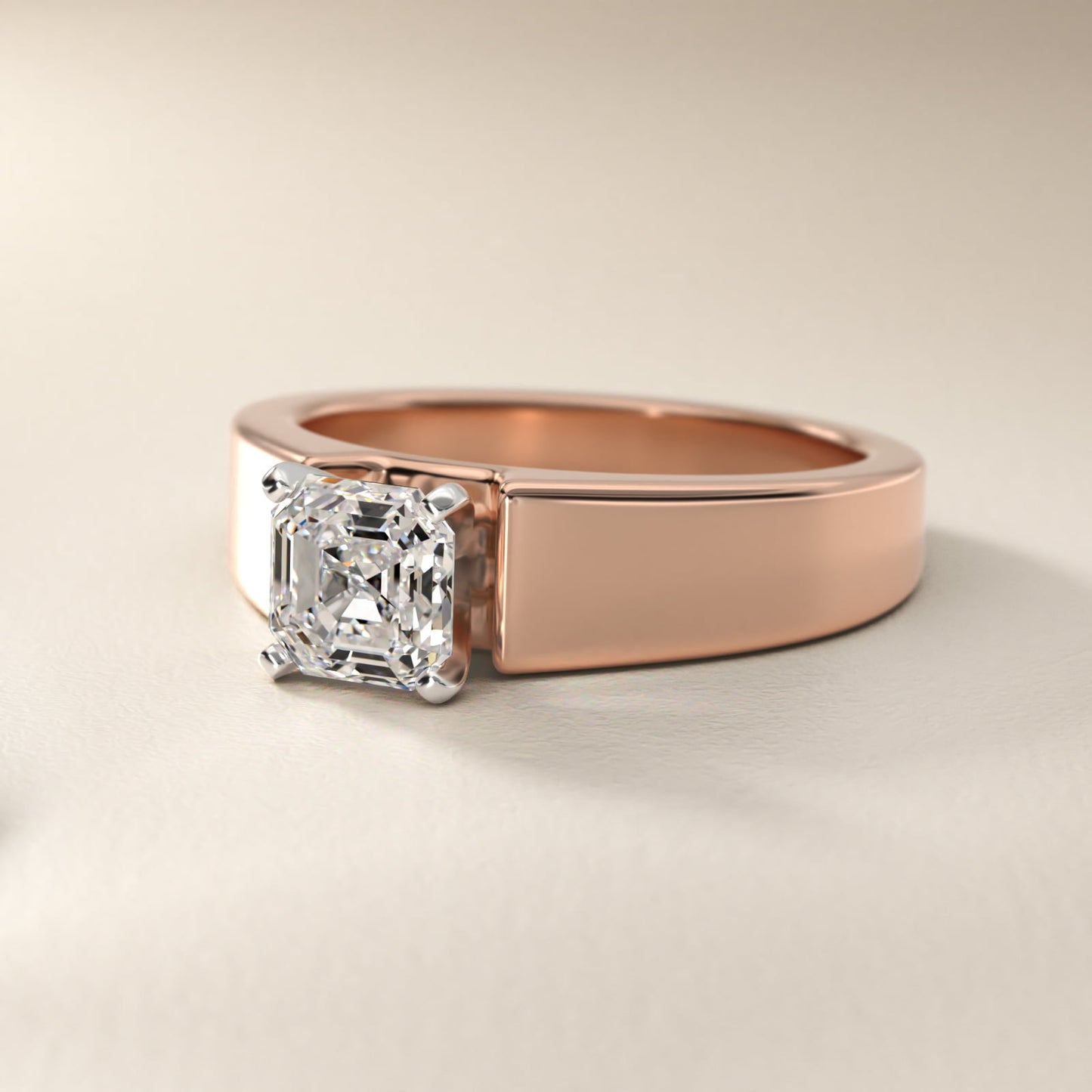 Wide Band Solitaire Engagement Ring in 14k Rose Gold (5mm) - Asscher Center