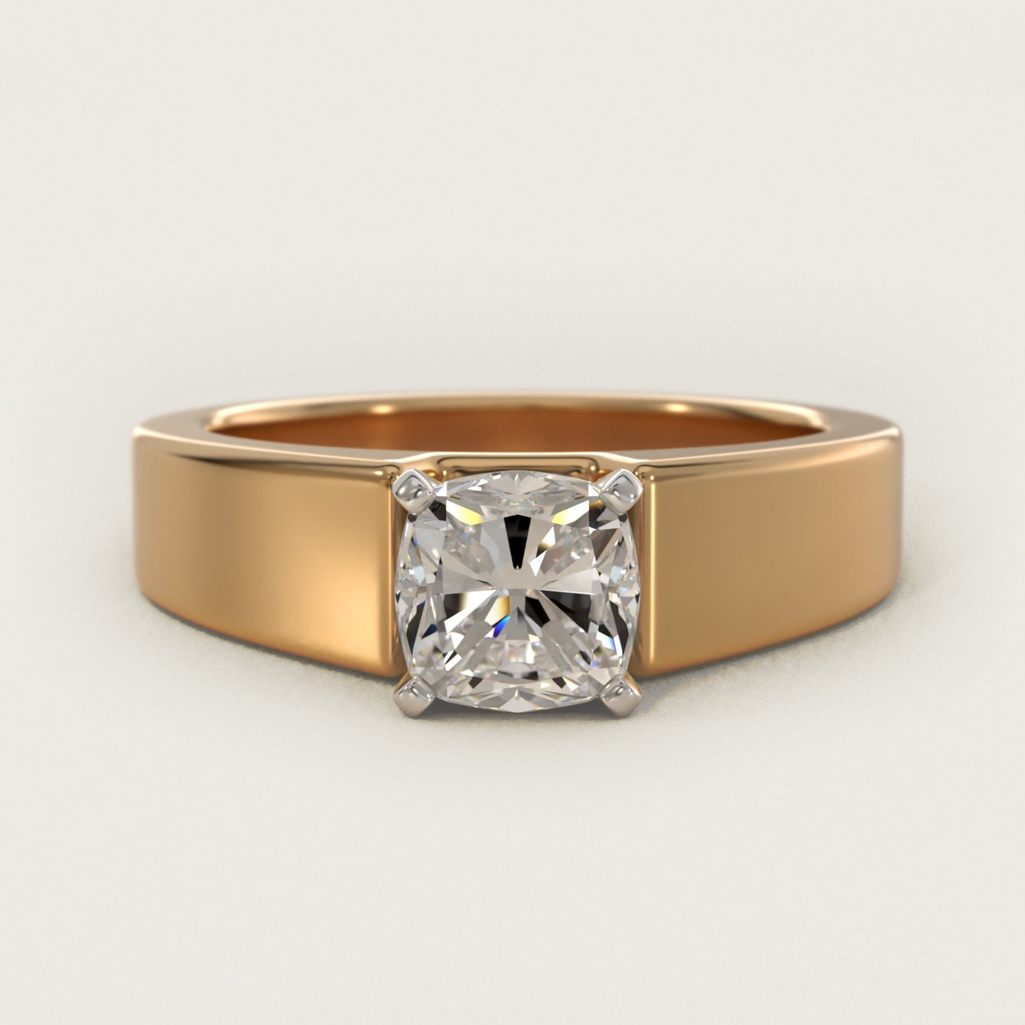 Wide Band Solitaire Engagement Ring in 14K Yellow Gold (5mm) - Cushion Center