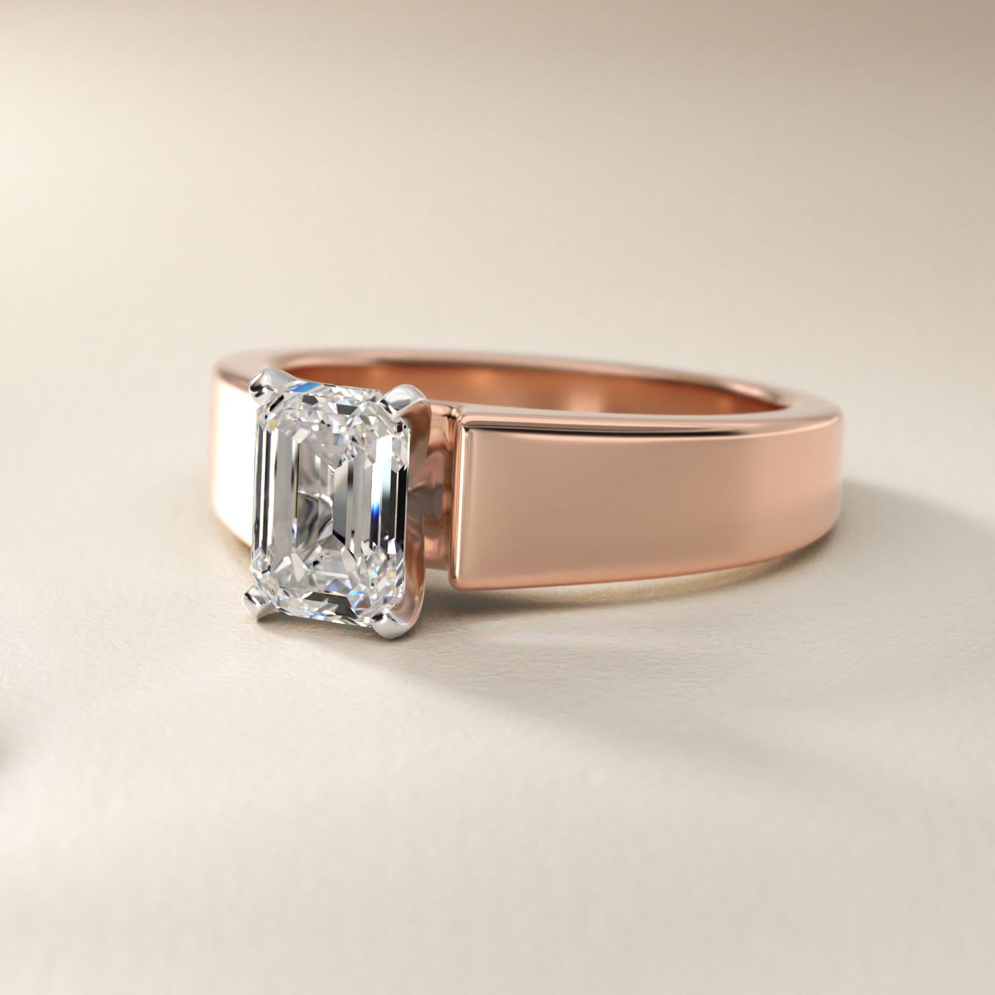 Wide Band Solitaire Engagement Ring in 14k Rose Gold (5mm) - Emerald Center