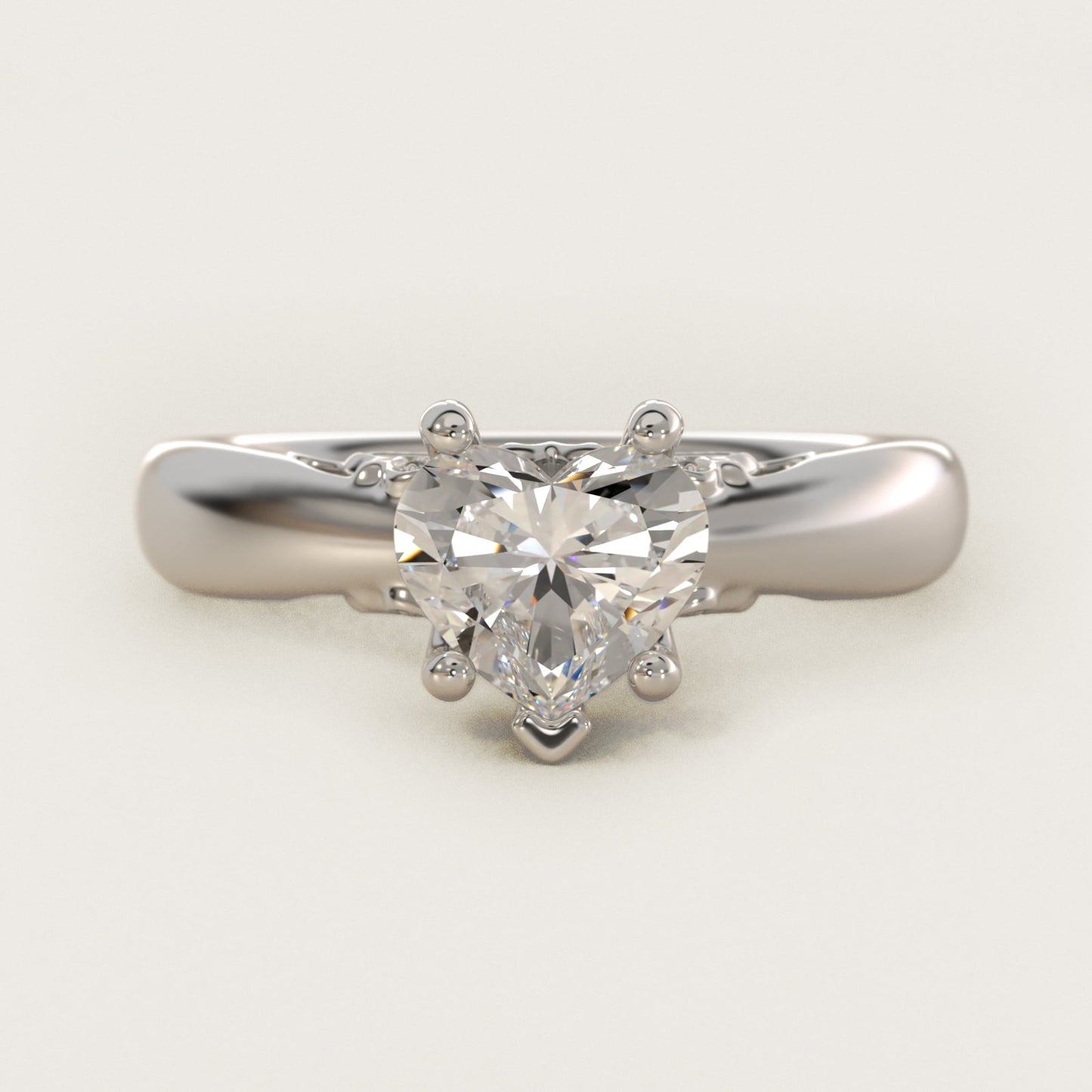 Wide Band Solitaire Plus Diamond Engagement Ring in 14k White Gold - Heart Center