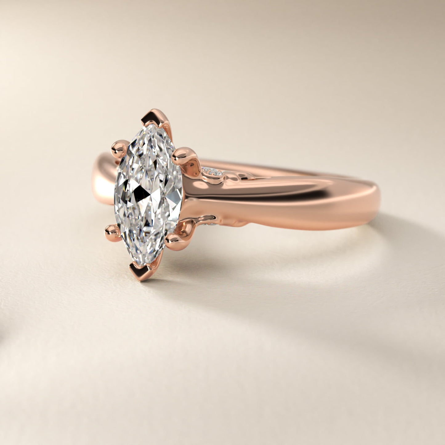 Wide Band Solitaire Plus Diamond Engagement Ring in 14k Rose Gold - Marquise Center