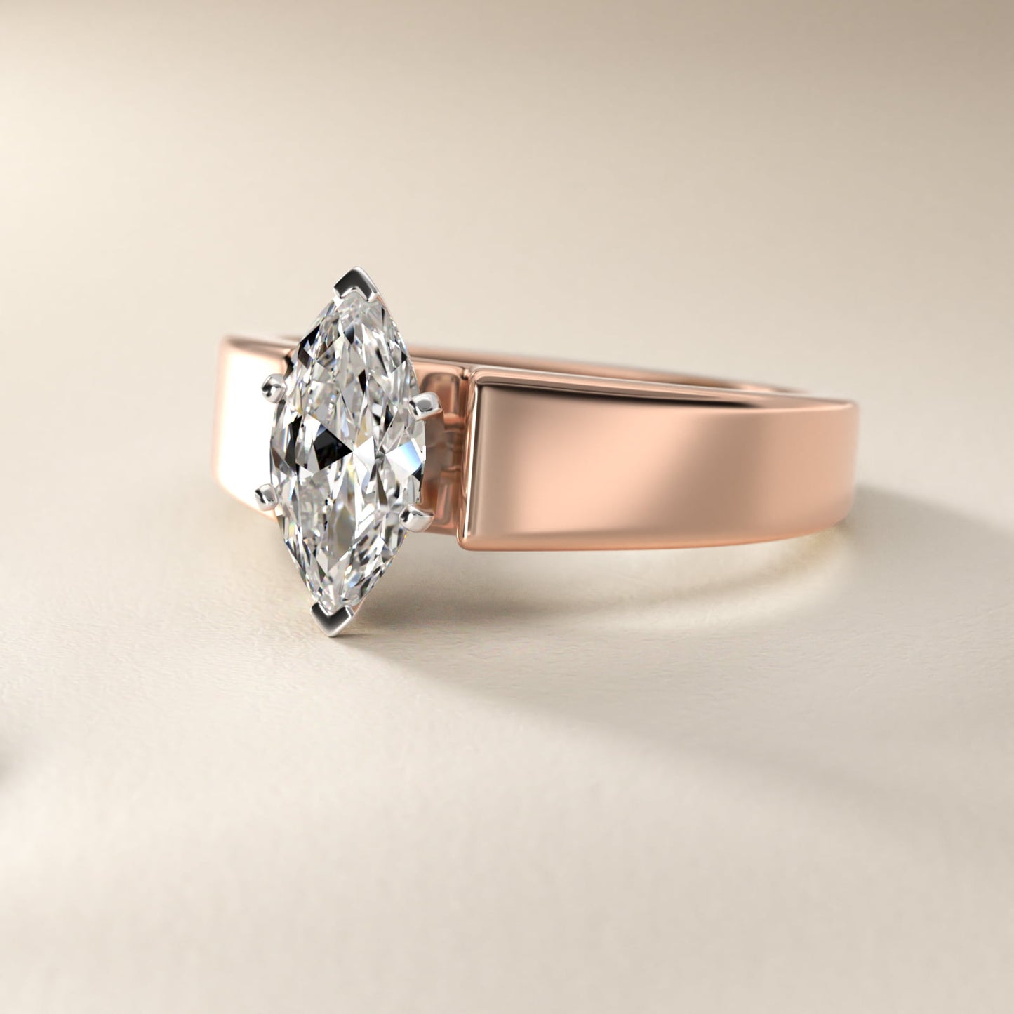 Wide Band Solitaire Engagement Ring in 14k Rose Gold (5mm) - Marquise Center
