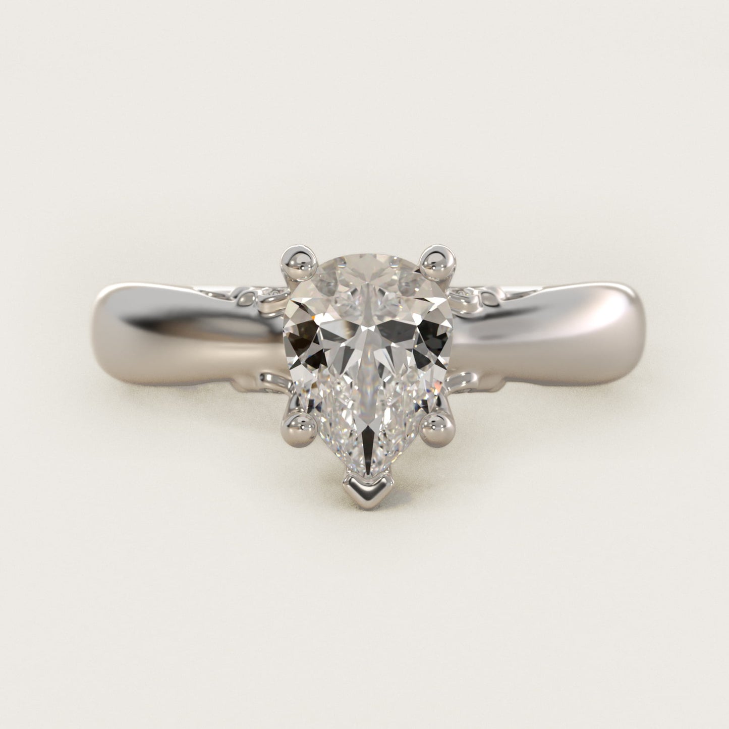 Wide Band Solitaire Plus Diamond Engagement Ring in 18k White Gold - Pear Center