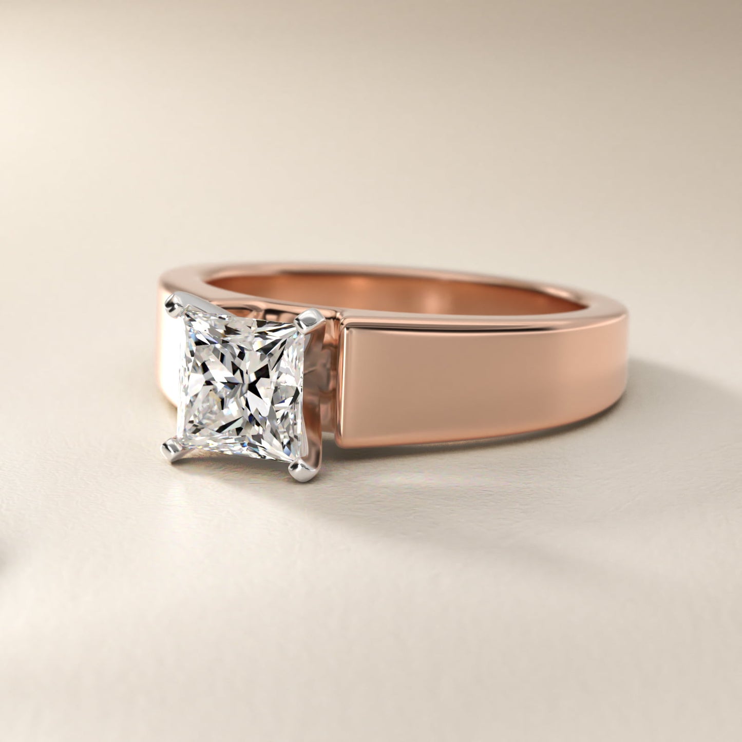 Wide Band Solitaire Engagement Ring in 14k Rose Gold (5mm) - Princess Center