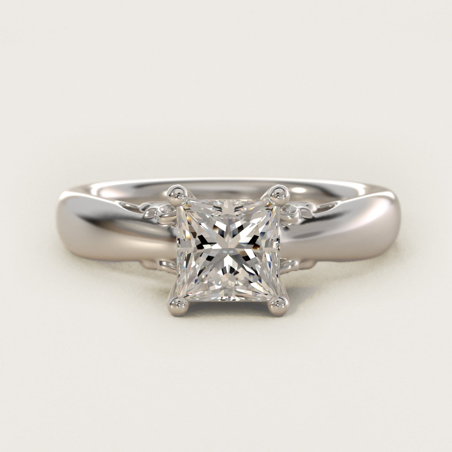 Wide Band Solitaire Plus Diamond Engagement Ring in 18k White Gold - Princess Center