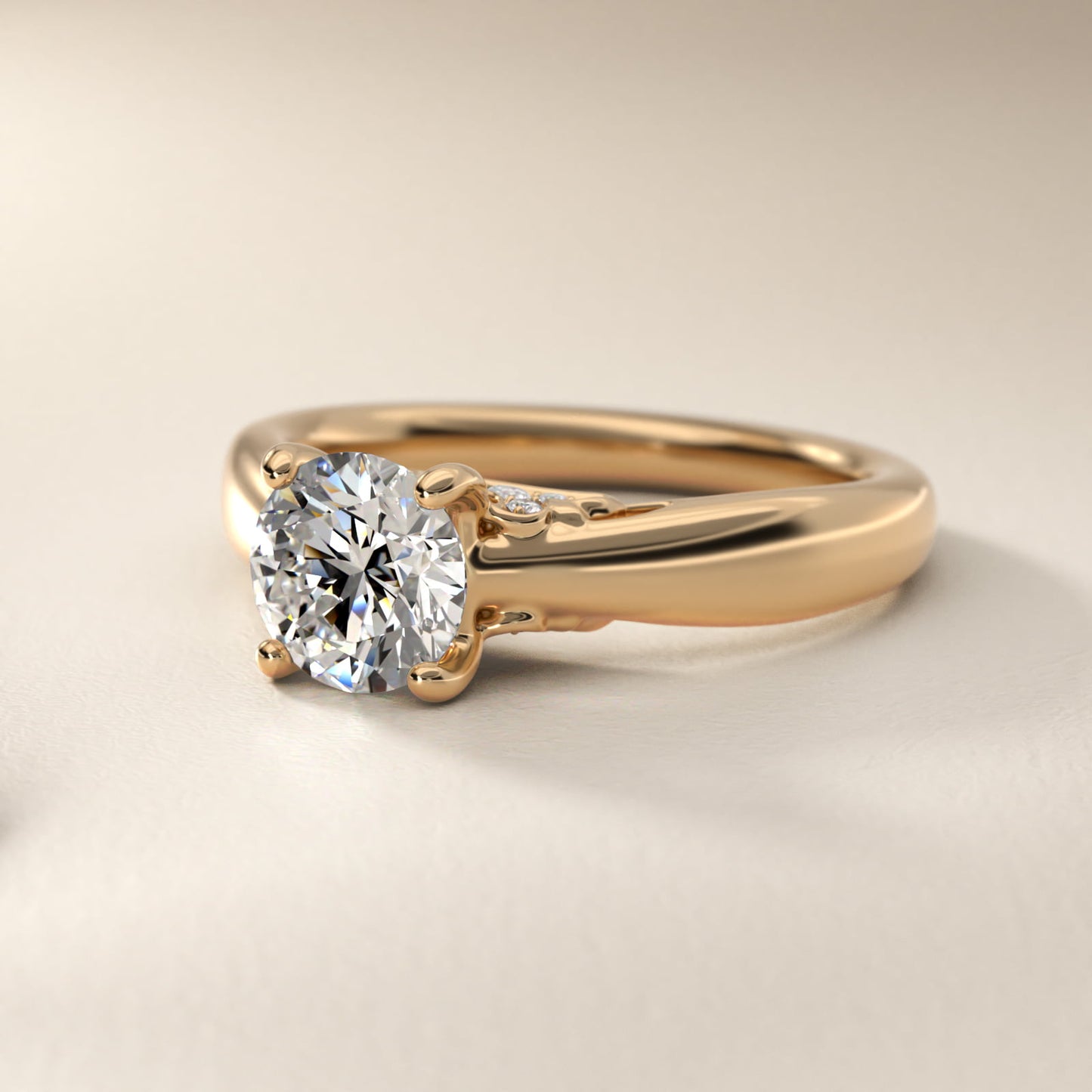 Wide Band Solitaire Plus Diamond Engagement Ring in 14k Yellow Gold - Round Center