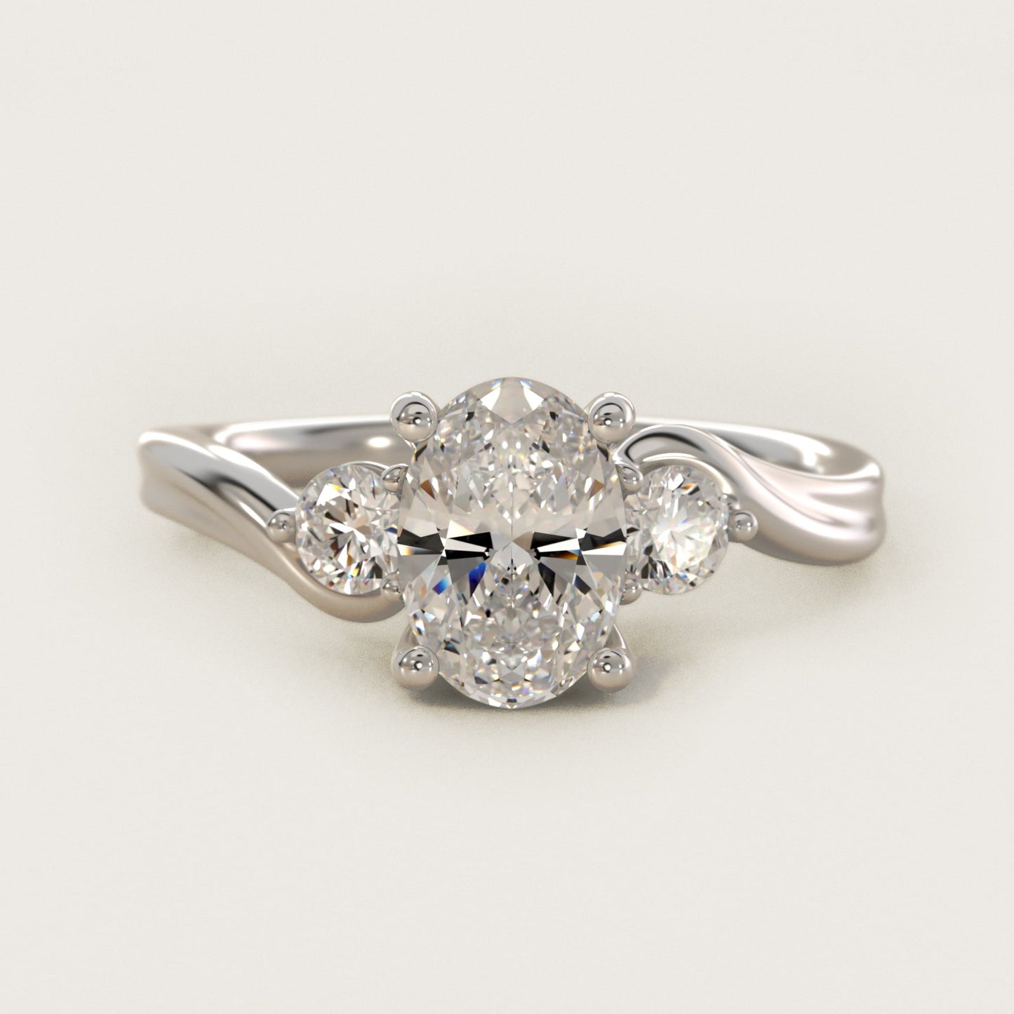 Wrapped Shank Three Stone Diamond Engagement Ring in Platinum - Oval Center