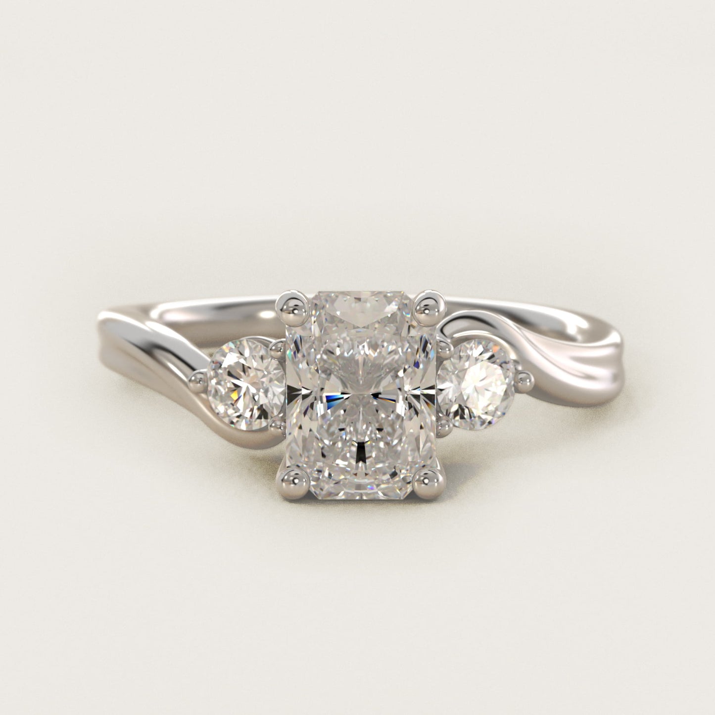 Wrapped Shank Three Stone Diamond Engagement Ring in 18k White Gold - Radiant Center