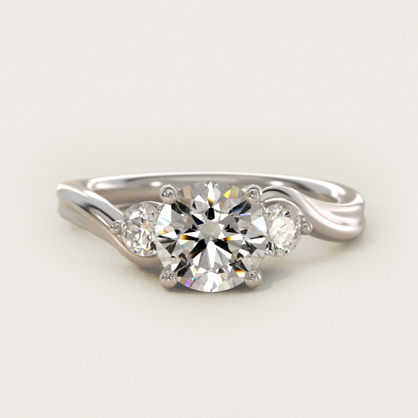 Wrapped Shank Three Stone Diamond Engagement Ring in 18k White Gold - Round Center