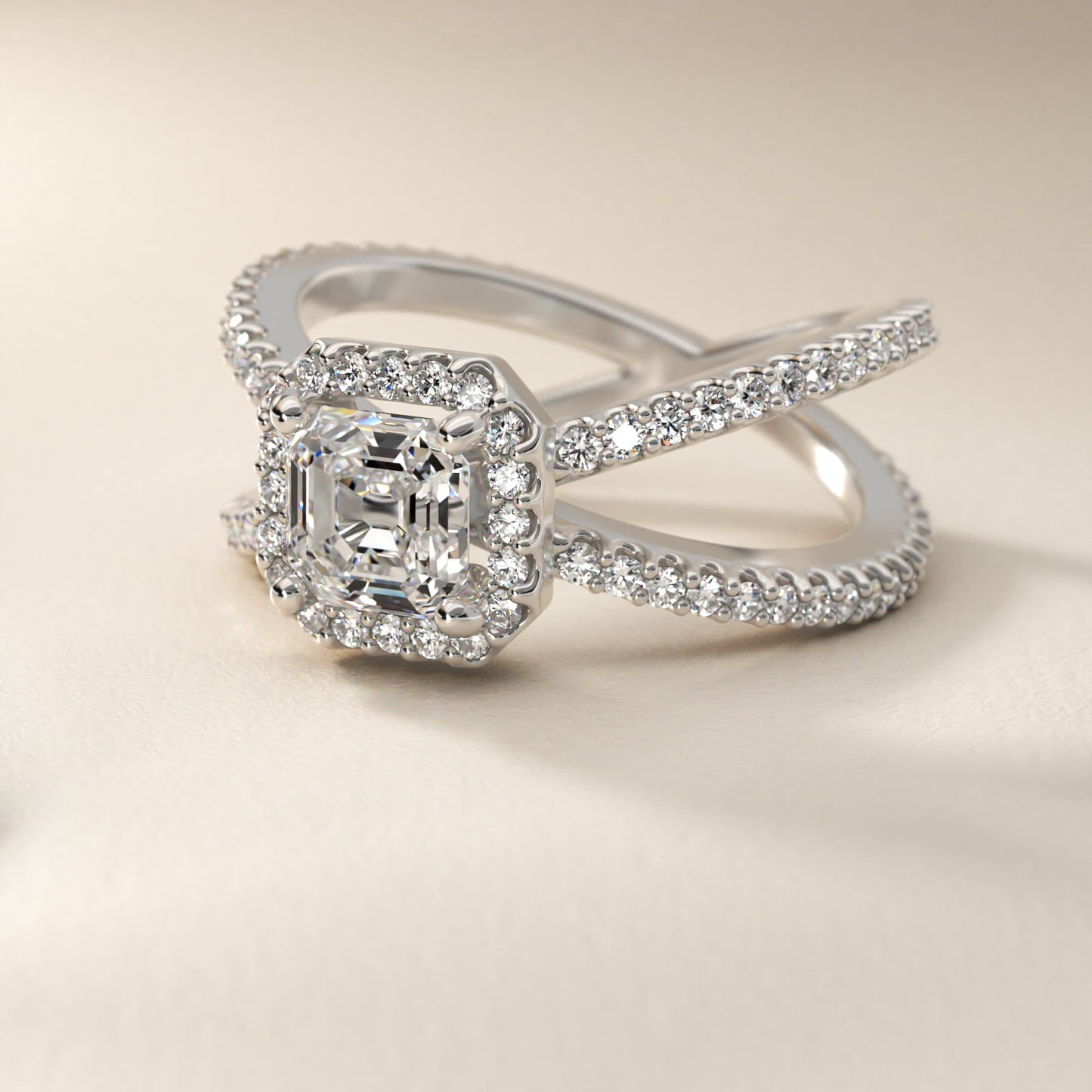 X Split Shank Hidden Halo Diamond Engagement Ring in 18k White Gold (1/2 ct. tw.) - Asscher Center