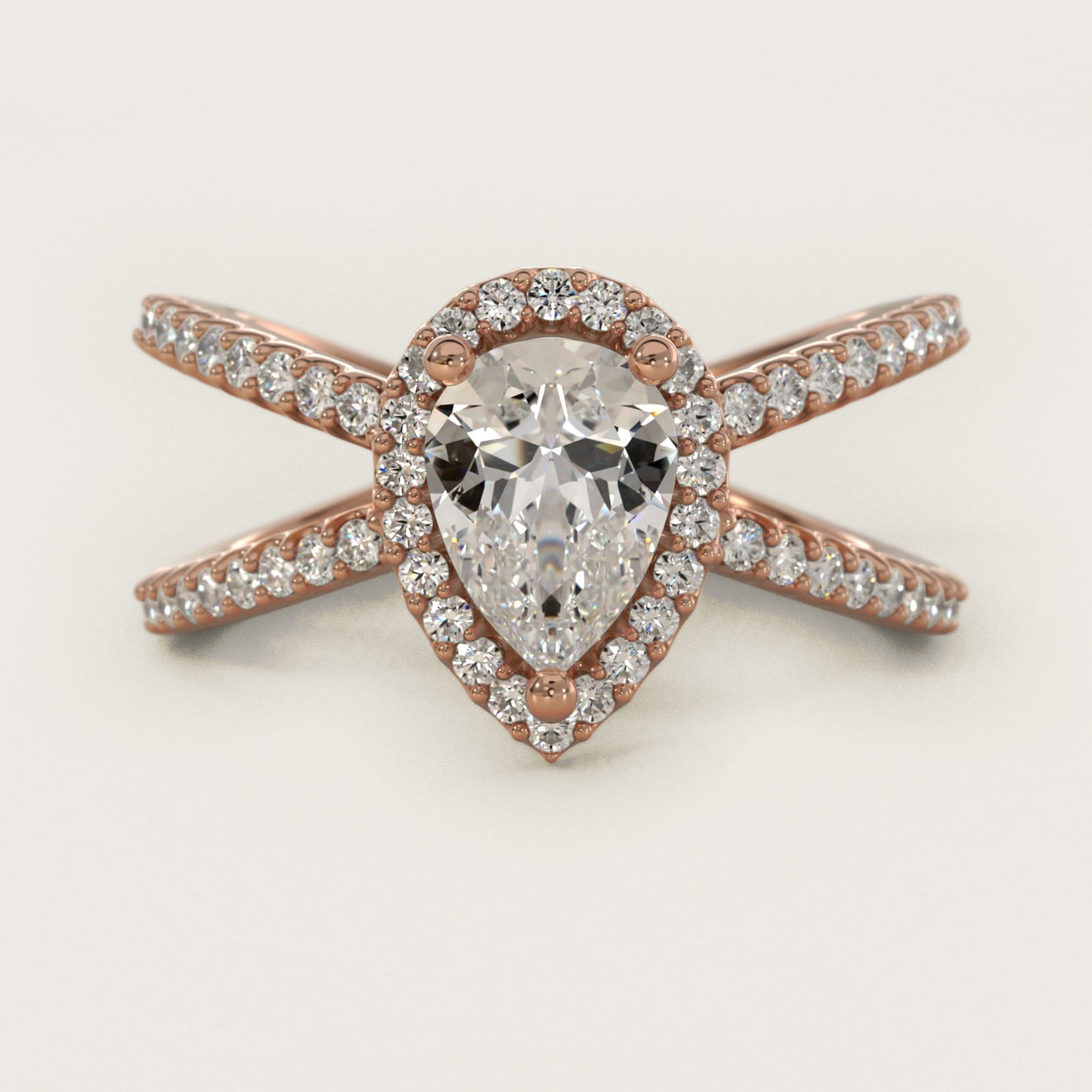 X Split Shank Hidden Halo Diamond Engagement Ring in 18k Rose Gold (1/2 ct. tw.) - Pear Center
