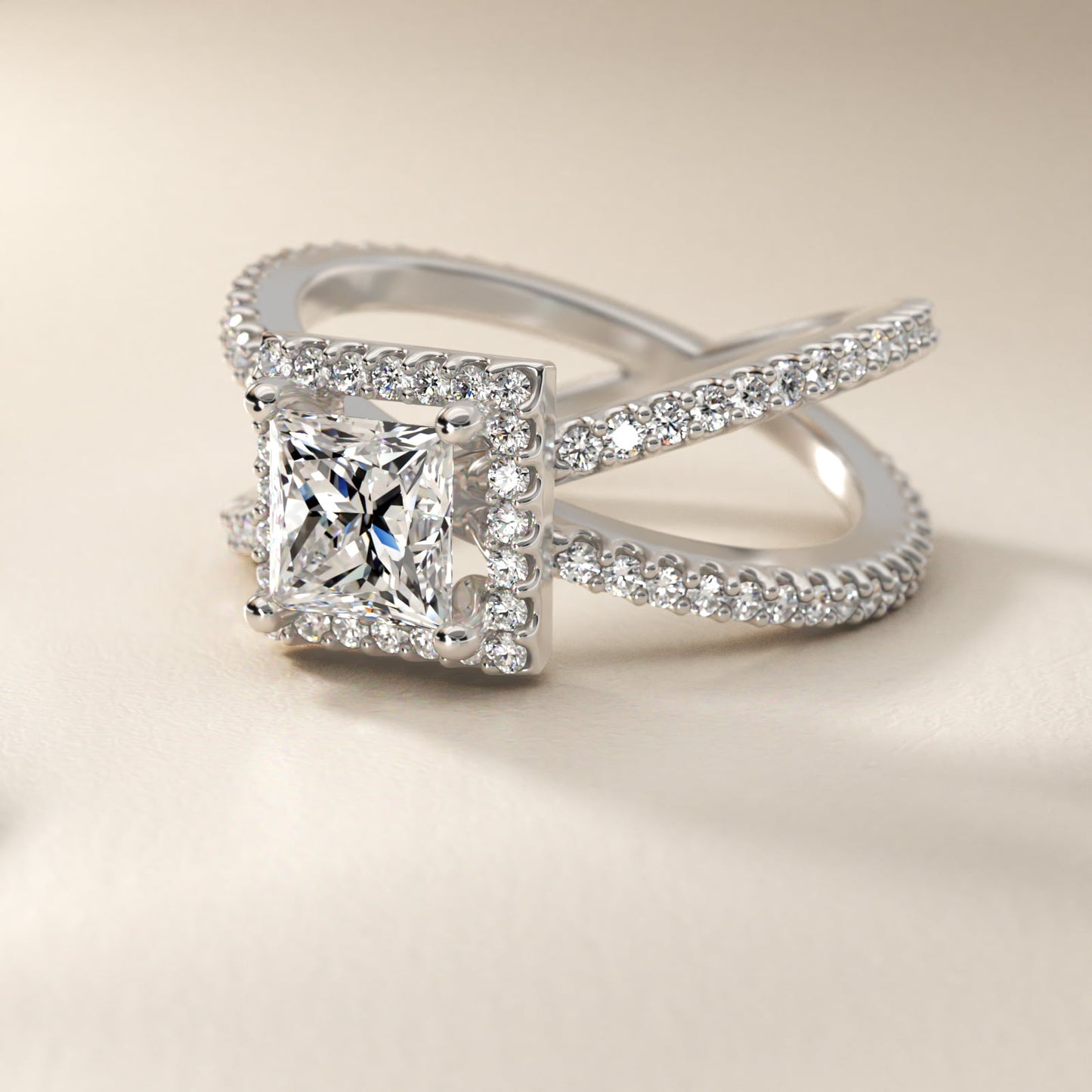 X Split Shank Hidden Halo Diamond Engagement Ring in 14k White Gold (1/2 ct. tw.) - Princess Center