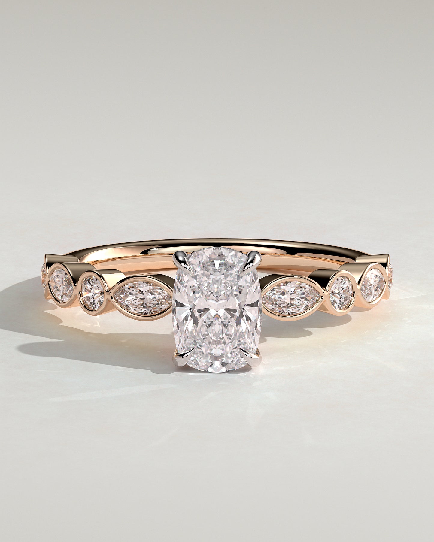 Carrie - Elongated Cushion Claw Solitaire with Round-Marquise Bezel Accent Stones Engagement Ring - Rose Two-Tone