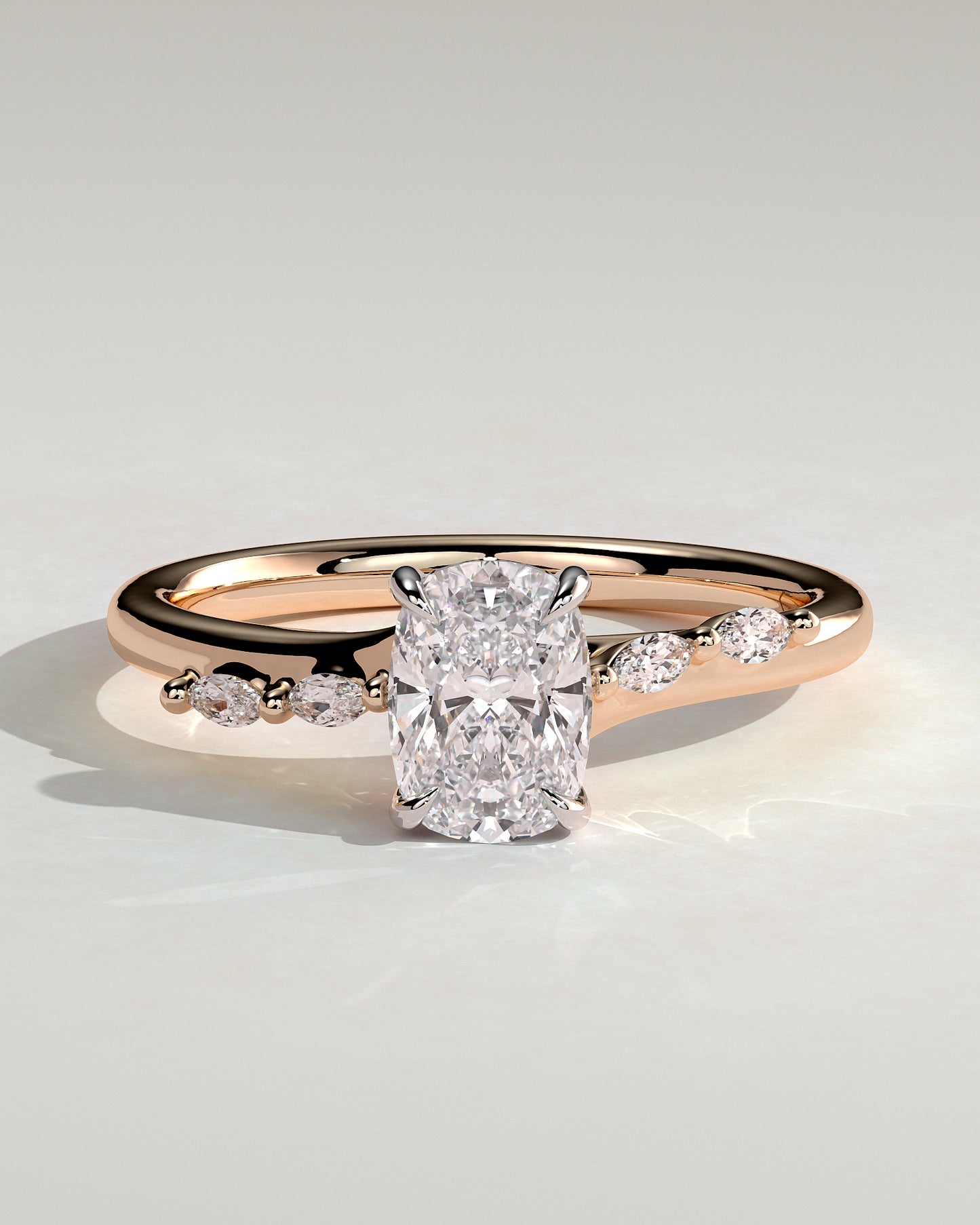 Elle - Elongated Cushion Claw Solitaire with Hidden Halo, Opposing Marquise Accents and Cathedral High Setting Engagement Ring - Rose Two-Tone