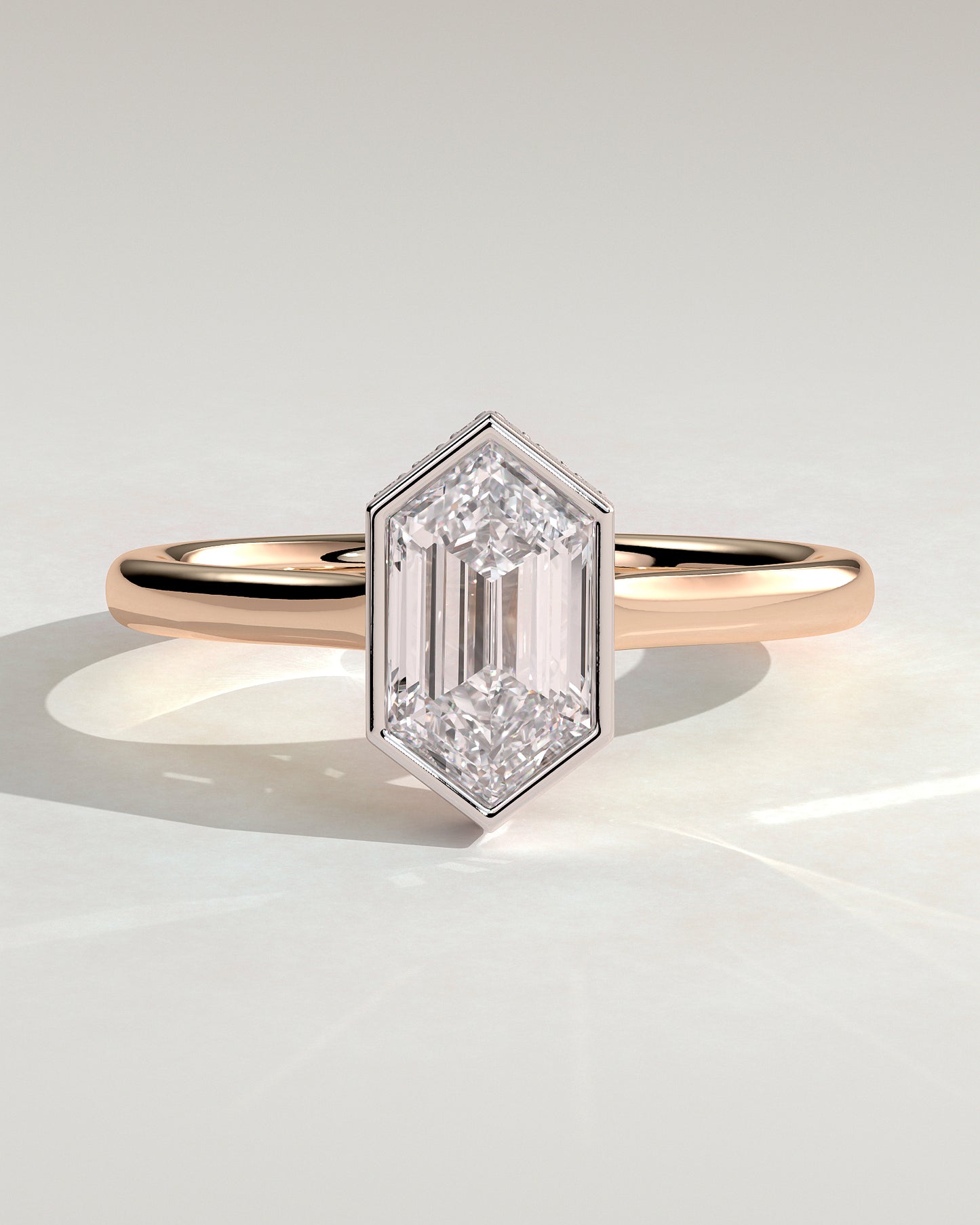 Gloria - Elongated Hexagon Bezel Solitaire with Hidden Halo and Cathedral High Setting Engagement Ring - Rose Two-Tone