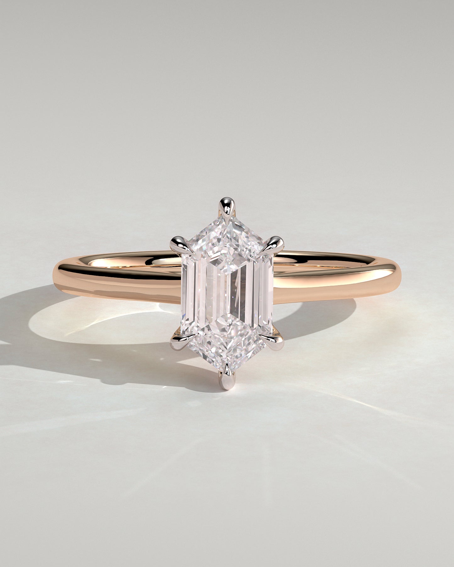 Anastasia - Elongated Hexagon Claw Solitaire with Hidden Halo and Cathedral High Setting Engagement Ring - Rose Two-Tone
