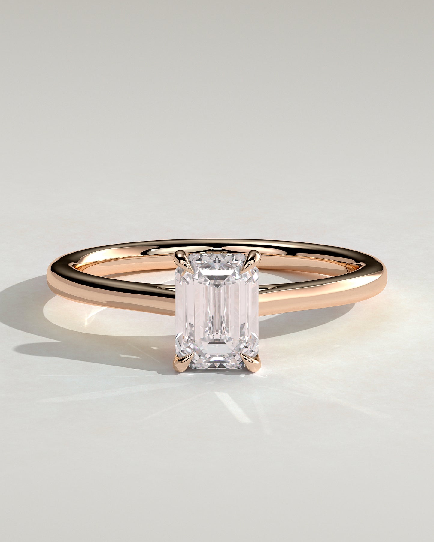 Angela - Radiant Claw Solitaire with Hidden Halo, Tapered Band and Cathedral High Setting Engagement Ring - Rose Gold