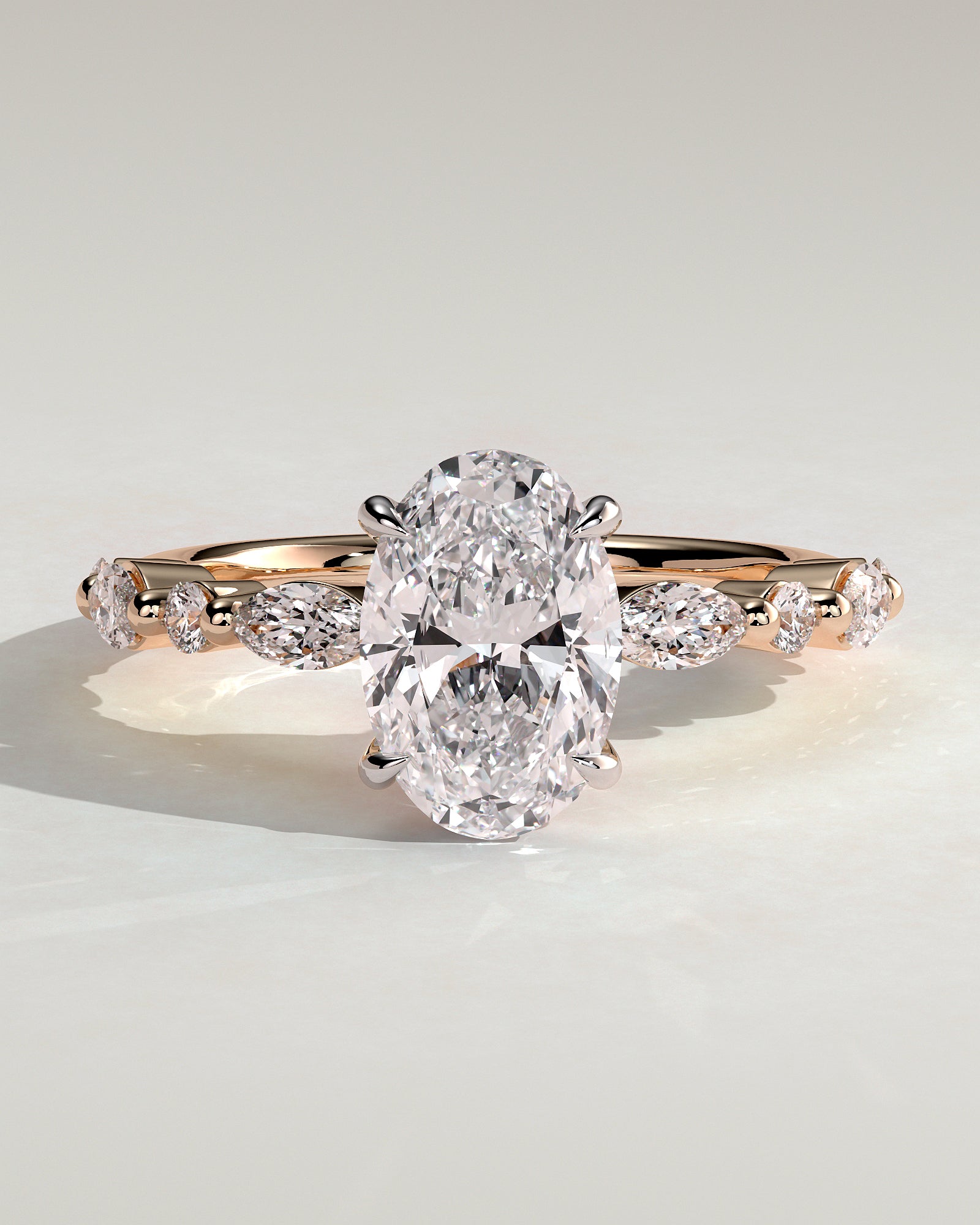 Alyssa - Oval Claw Solitaire with Marquise and Round Accent Stones Engagement Ring - Rose Two-Tone - Rose Two-Tone 2ct