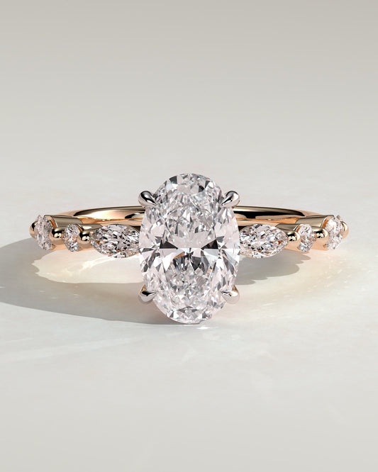 Alyssa - Oval Claw Solitaire with Marquise and Round Accent Stones Engagement Ring - Rose Two-Tone - rose two-tone - Lara Jewels