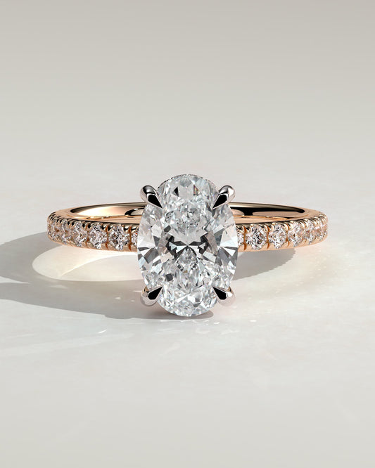 Paige - Oval Claw Solitaire with Hidden Halo and Pave Band Engagement Ring - Rose Two-Tone