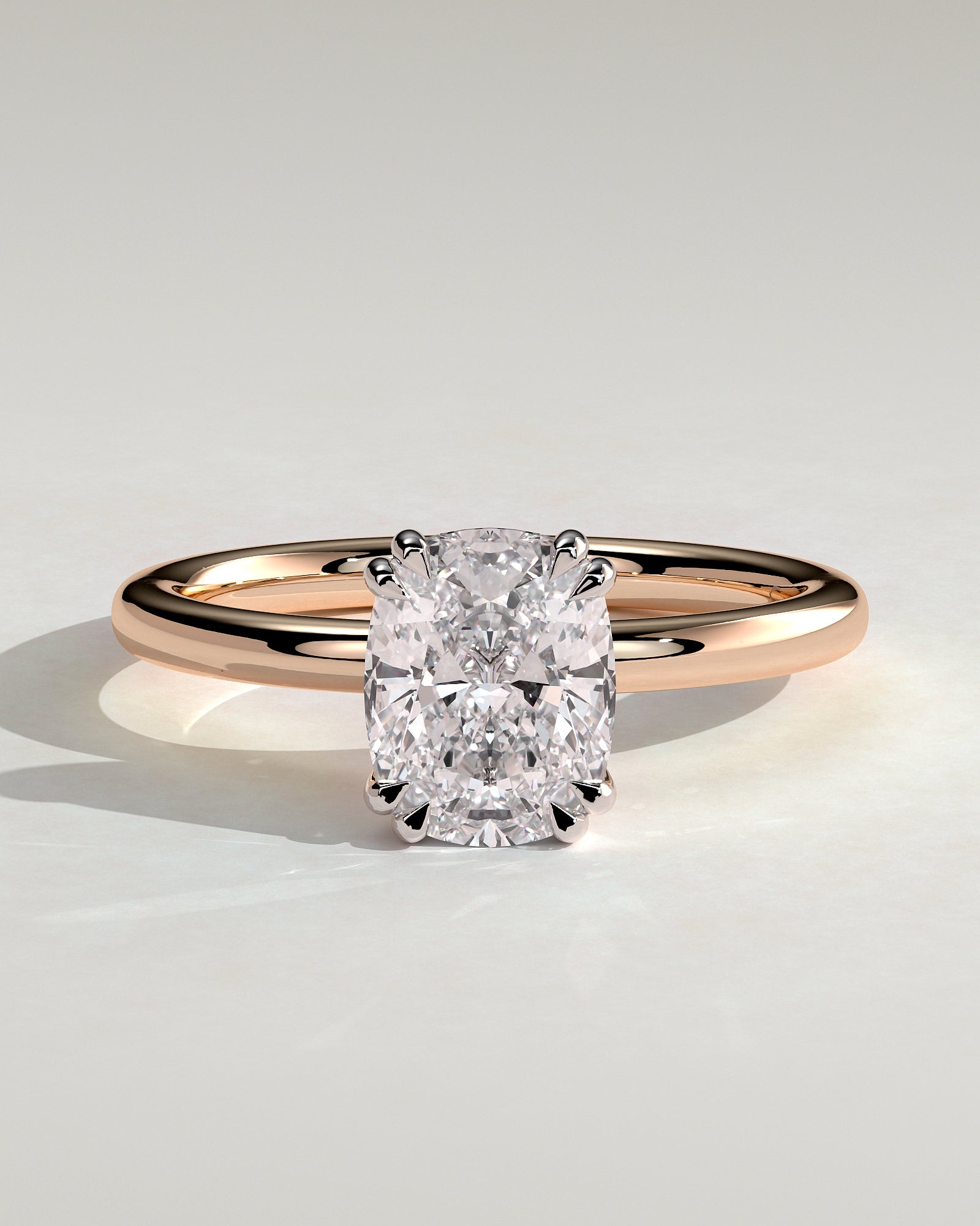 Aubrey - Elongated Cushion Double Claw Solitaire with Hidden Halo Engagement Ring - Rose Two-Tone - Rose Two-Tone 2ct