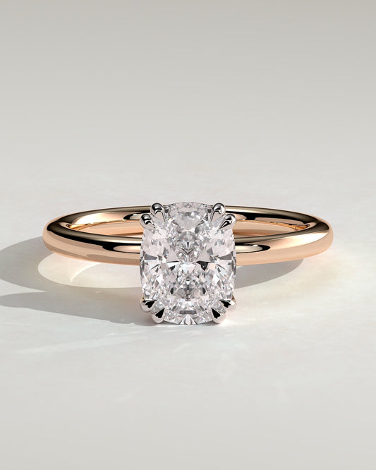 Aubrey - Elongated Cushion Double Claw Solitaire with Hidden Halo Engagement Ring - Rose Two-Tone
