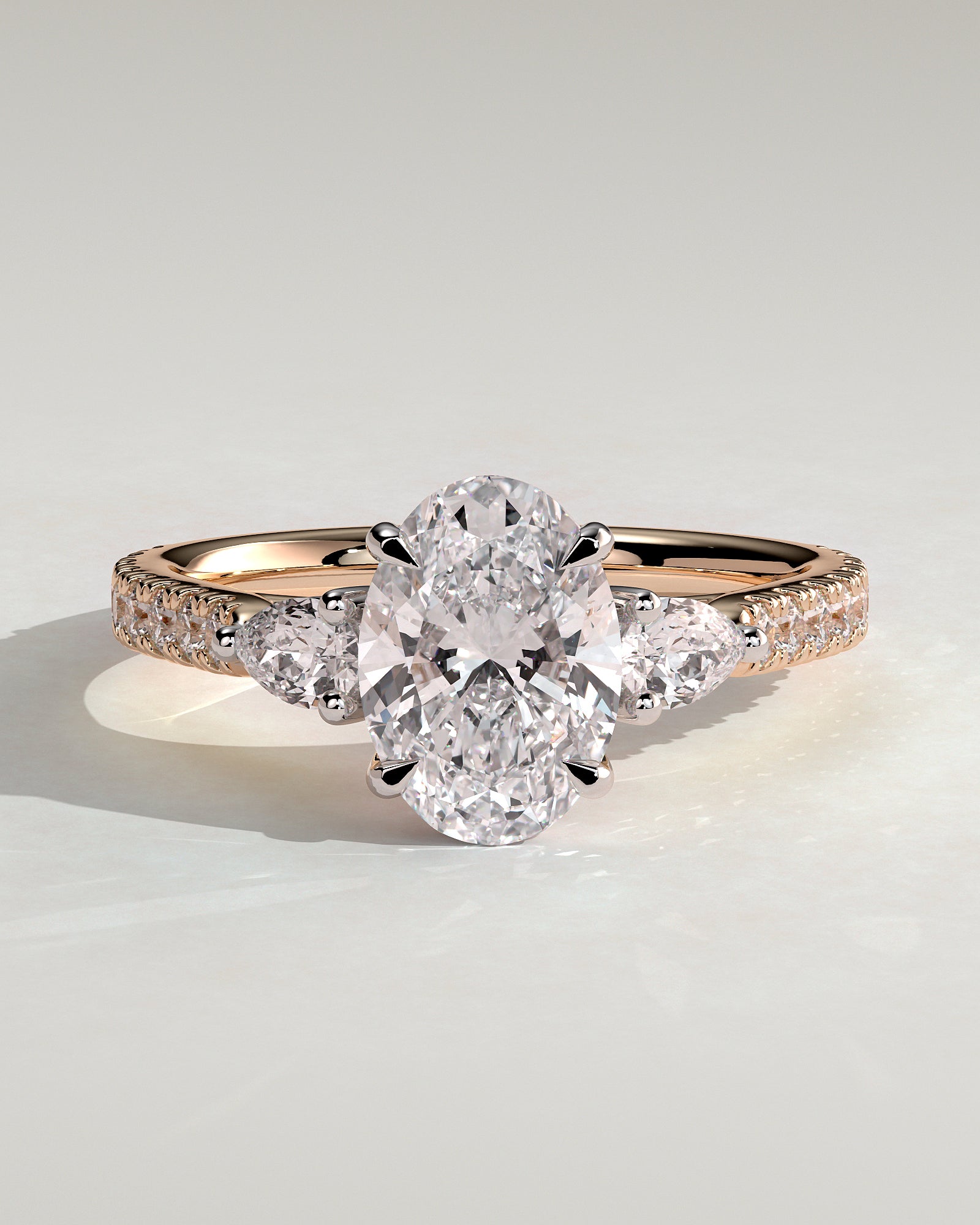 Arabella - Oval Claw Trilogy with Pear Side Stones and Pave Band Engagement Ring - Rose Two-Tone - Rose Two-Tone 2ct
