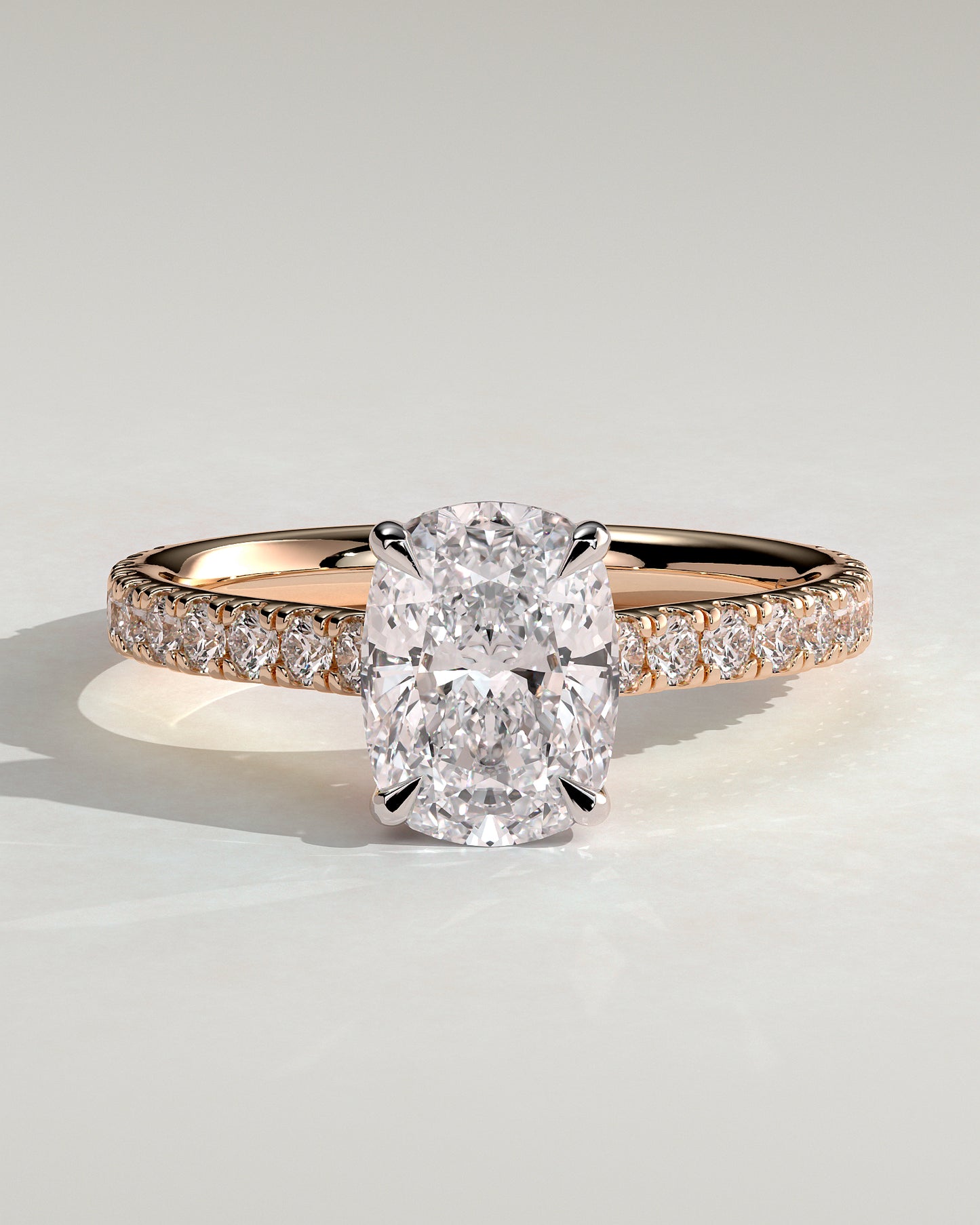 Annika - Elongated Cushion Claw Solitaire with Hidden Halo, Pave Band and Cathedral High Setting Engagement Ring - Rose Two-Tone - Rose Two-Tone 2ct